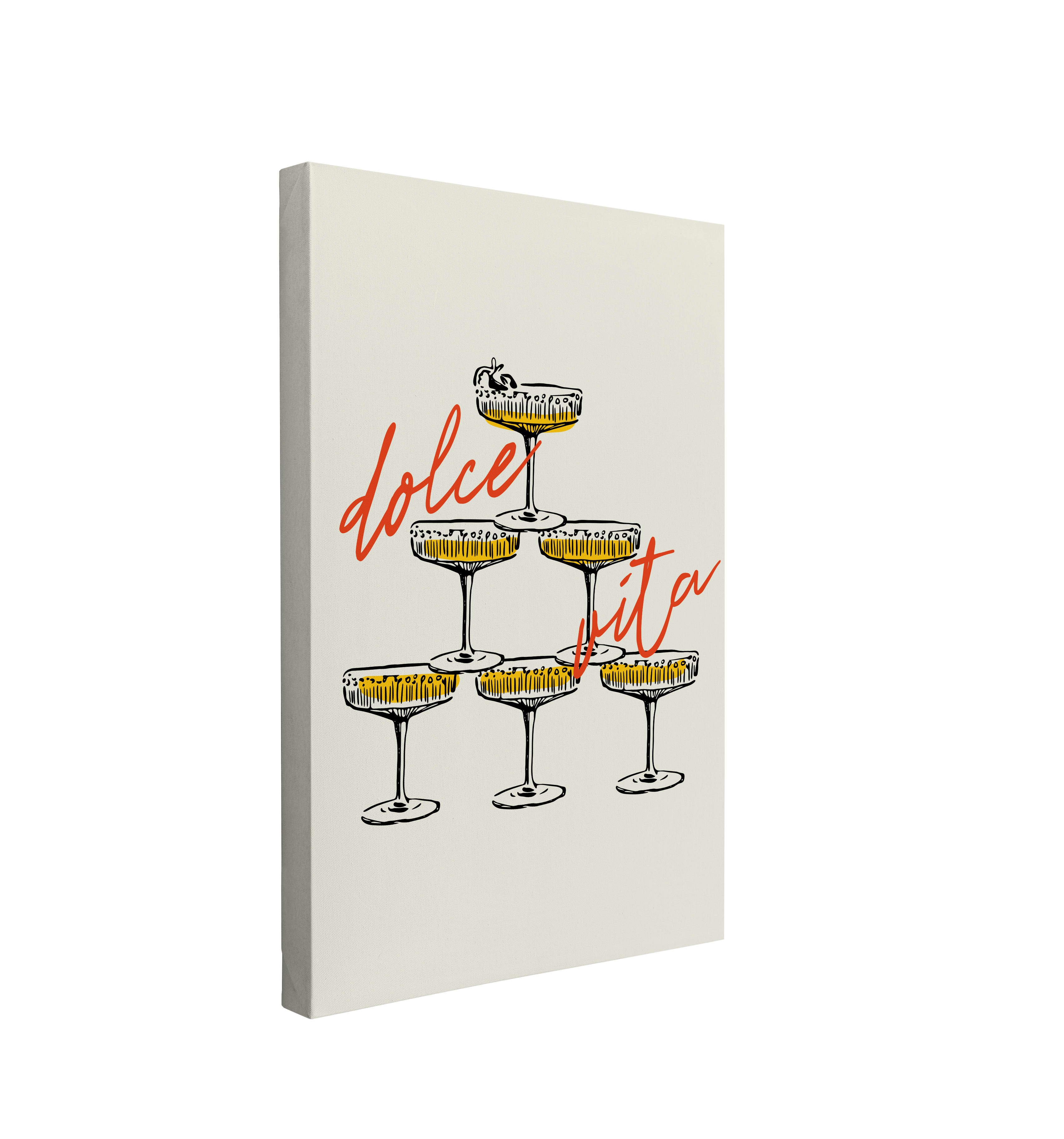 Single 2:3 ratio, vertical easy to hang canvas print on a transparent background featuring a black and yellow graphic of a tower of fancy champagne glasses on a white background, with "dolce vita" written in red cursive font over the graphic.