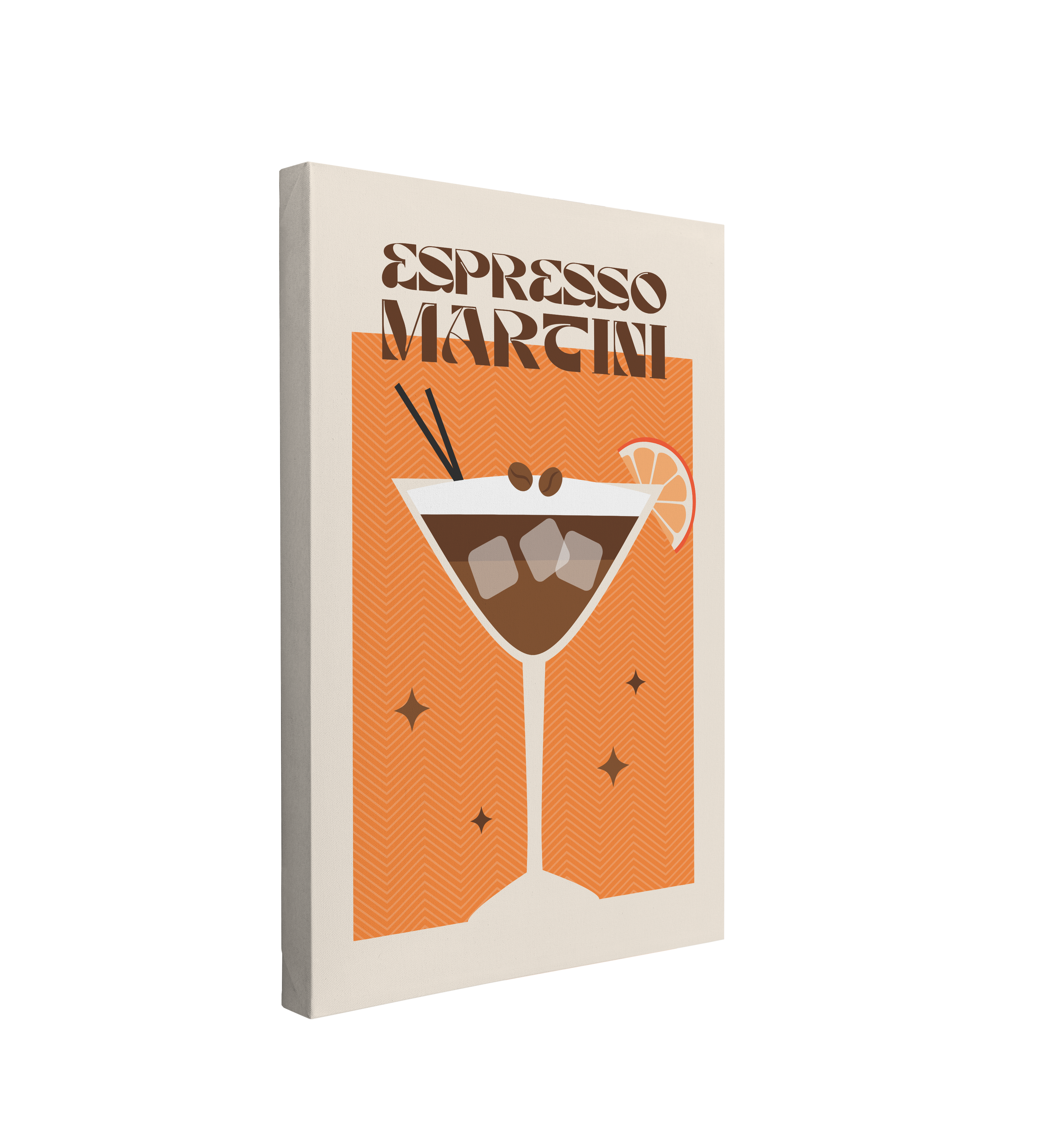 Single, 2:3 vertical easy to hang canvas print on a transparent background featuring an image of a graphic of an espresso martini with an orange rectangle behind and a white background with brown retro font above the glass saying "Espresso Martini"