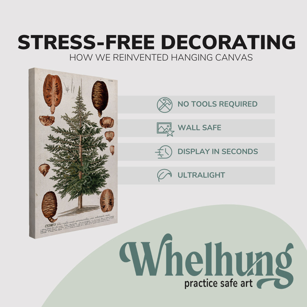 single, 2:3 vertical easy to hang canvas print on a graphic displaying the stress-free decorating Whelhung offers, how we reinvented hanging canvas: "no tools required", "wall safe"", "display in seconds" and "ultralight."
