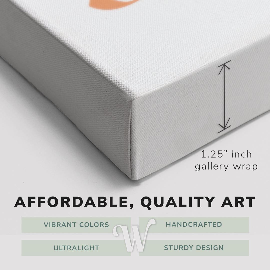 Corner shot of a Whelhung easy to hang canvas print showing the 1.25” inch gallery wrap thickness and graphic saying "Affordable, Quality Art", "Vibrant Colors", "Handcrafted", "Ultralight" and "Sturdy Design."