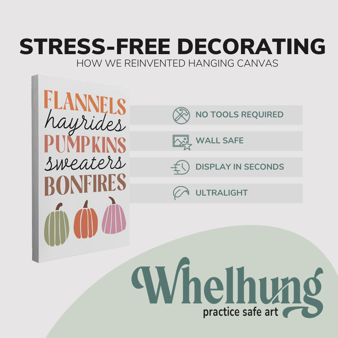 Single, 2:3 vertical easy to hang canvas print on a graphic displaying the stress-free decorating Whelhung offers, how we reinvented hanging canvas: "no tools required", "wall safe", "display in seconds" and "ultralight." 