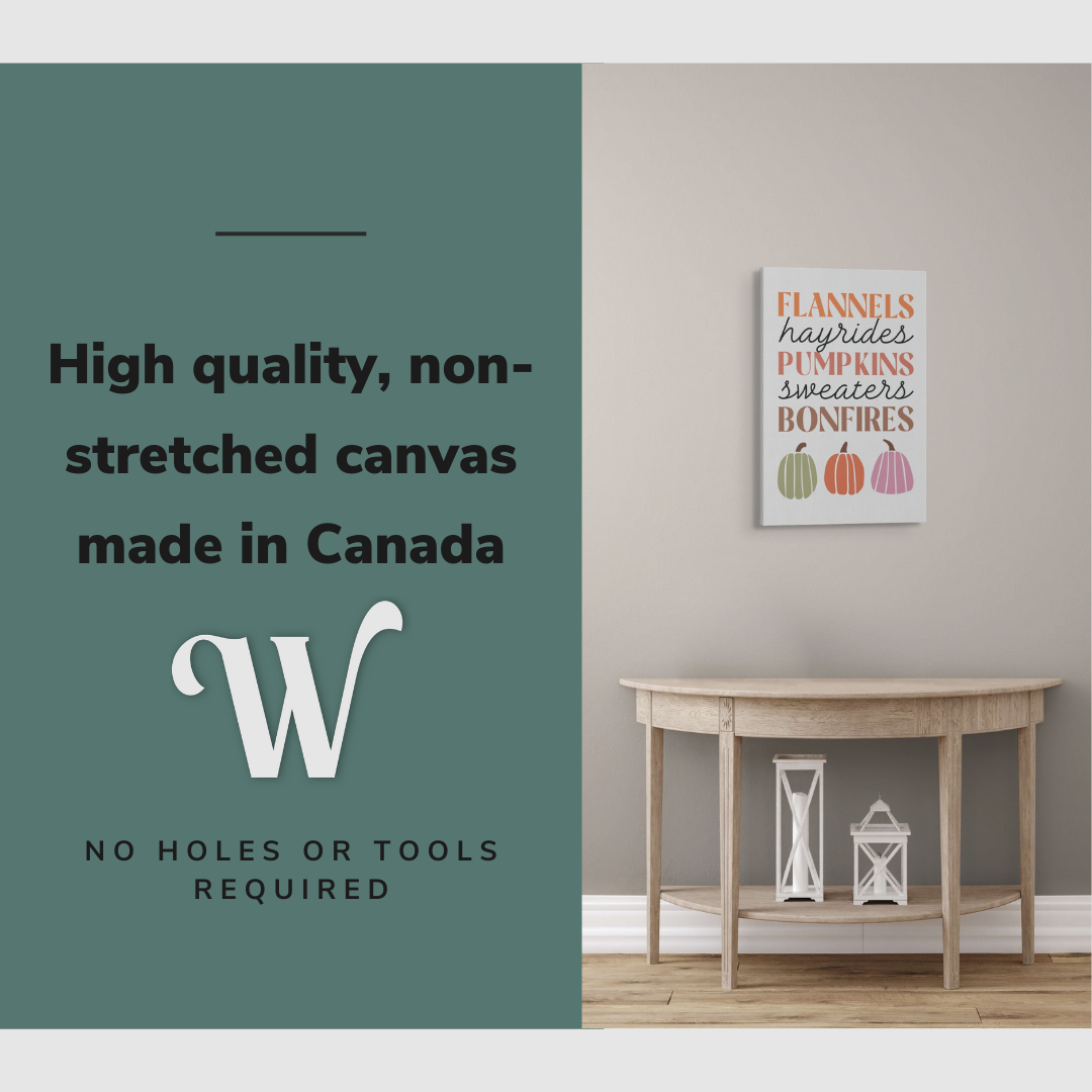 Lifestyle image of the vertical, 20x30” inch easy to hang canvas wall art hung in a hallway above a table with graphic saying "High quality, non-stretched canvas made in Canada"