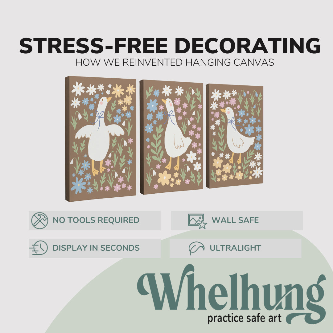 3 Panel, 2:3 vertical easy to hang canvas print on a graphic displaying the stress-free decorating Whelhung offers, how we reinvented hanging canvas: "no tools required", "wall safe"", "display in seconds" and "ultralight."
