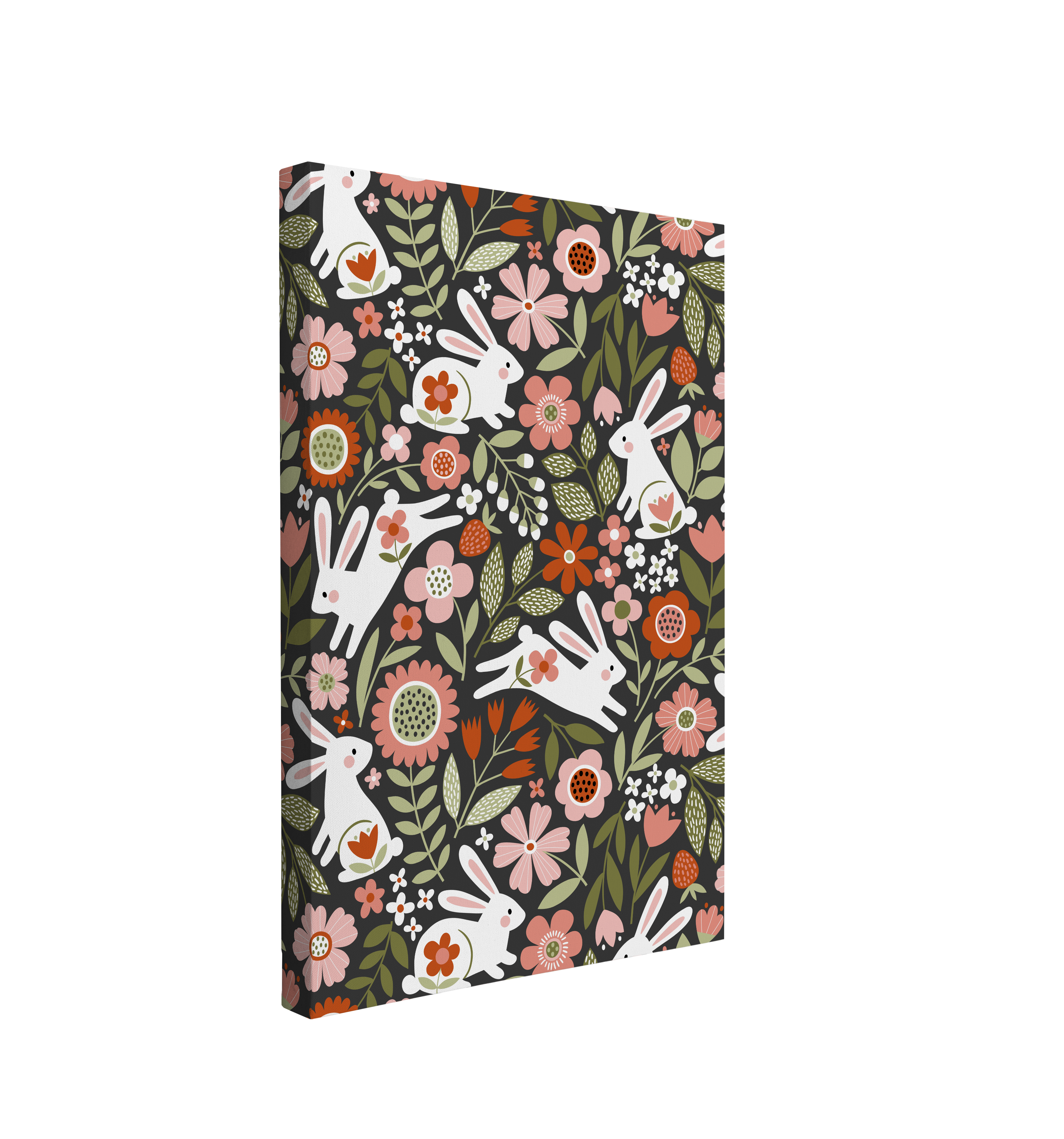 single, 2:3 vertical easy to hang canvas print on a transparent background featuring an image of graphic pattern of white rabbits with green and pink botanicals and spring flowers on a dark grey background