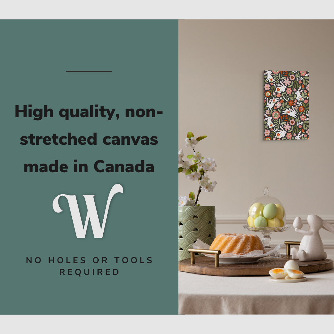 Lifestyle image of the vertical, 12x18 inch easy to hang canvas wall art hung in hung in an easter decorated dining room over a dining room table with graphic saying "High quality, non-stretched canvas made in Canada"