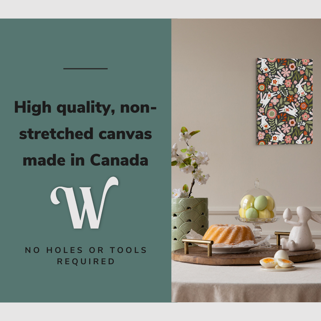 Lifestyle image of the vertical, 16x24 inch easy to hang canvas wall art hung in hung in an easter decorated dining room over a dining room table with graphic saying "High quality, non-stretched canvas made in Canada"