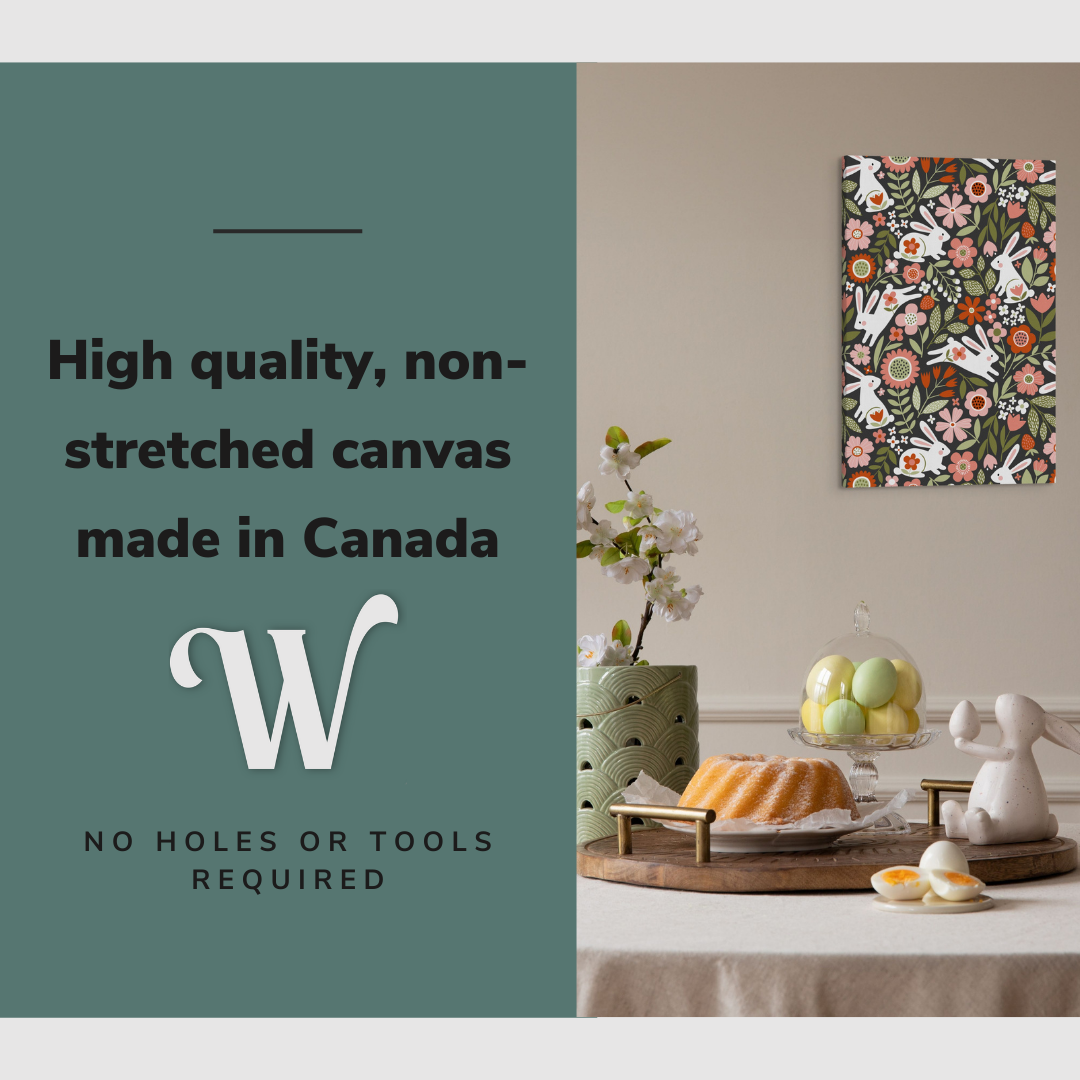 Lifestyle image of the vertical, 20x30 inch easy to hang canvas wall art hung in hung in an easter decorated dining room over a dining room table with graphic saying "High quality, non-stretched canvas made in Canada"