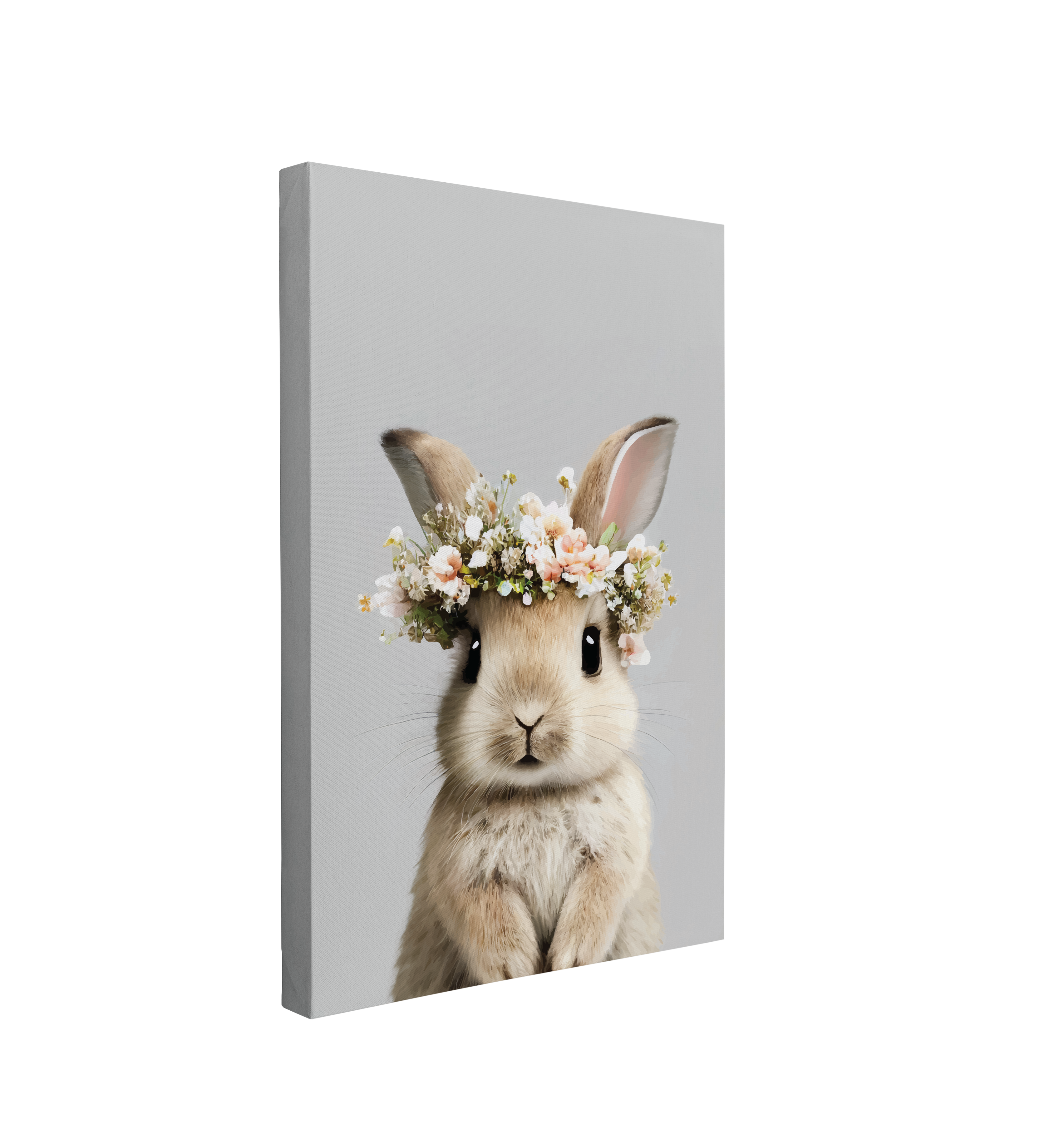 single, 2:3 vertical easy to hang canvas print on a transparent background featuring an image of minimalist portrait of a brown bunny wearing a flower crown on a minimalist grey background