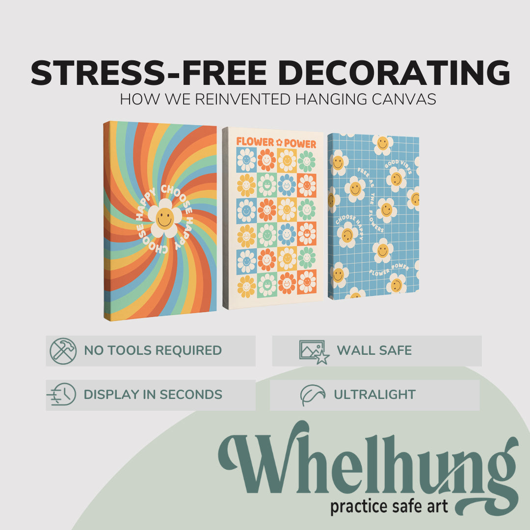 3 Panel, 2:3 vertical easy to hang canvas print on a graphic displaying the stress-free decorating Whelhung offers, how we reinvented hanging canvas: "no tools required", "wall safe"", "display in seconds" and "ultralight." 4