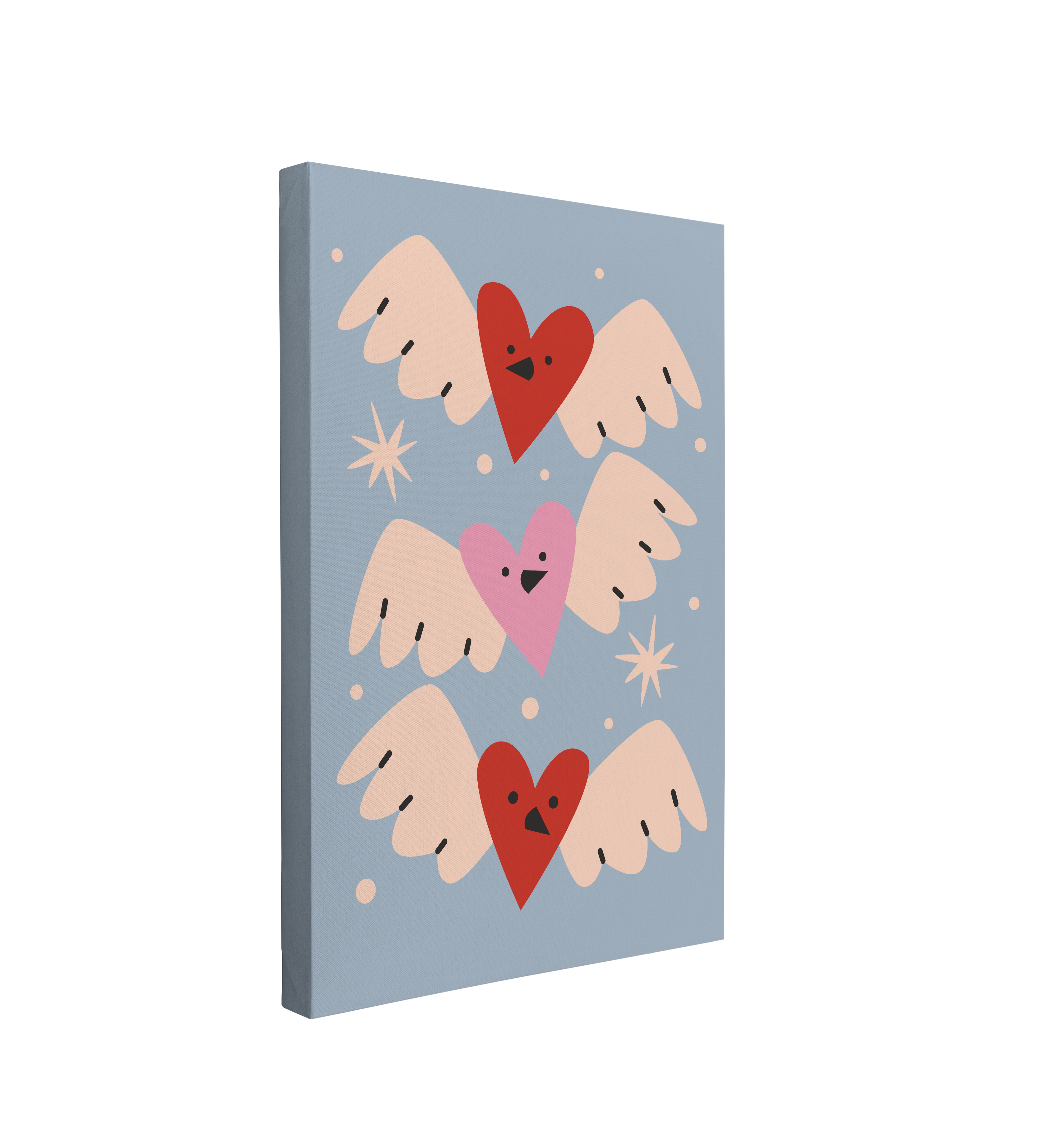 single, 2:3 vertical easy to hang canvas print on a transparent background featuring an image of three red and pink hearts with wings and cartoon faces and a light blue background