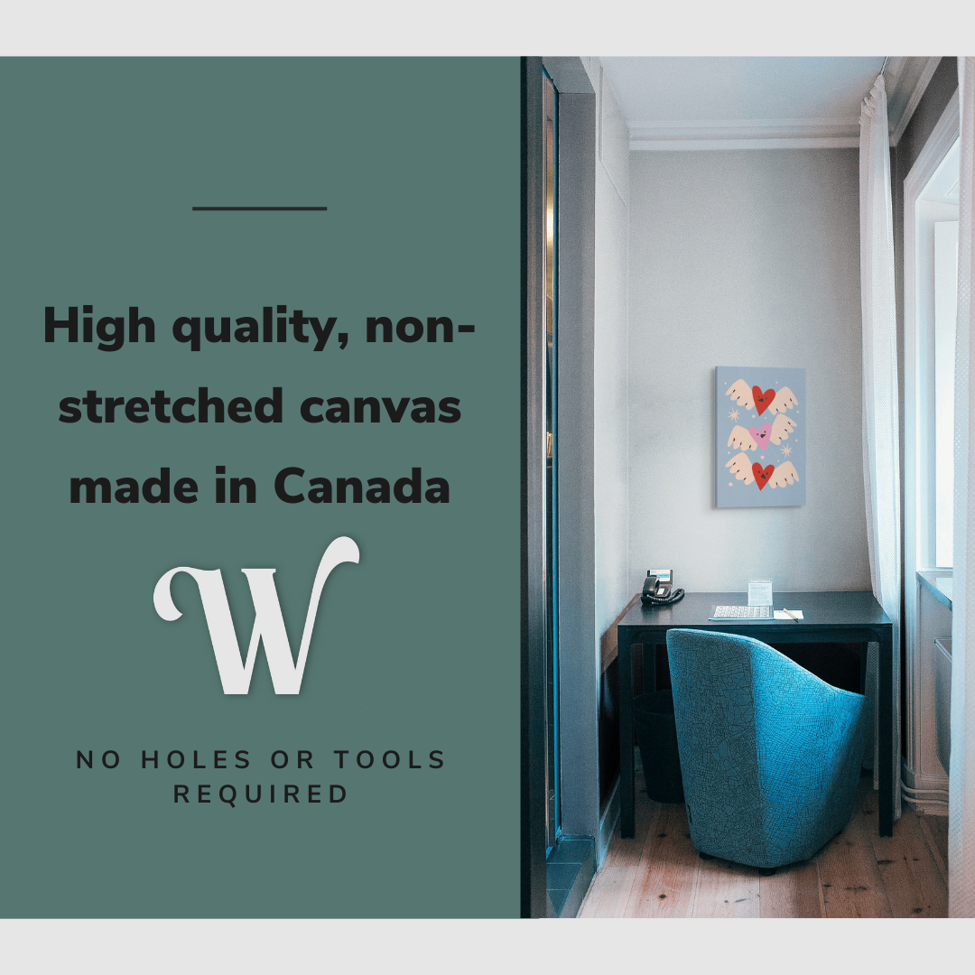 Lifestyle image of the vertical, 12x18 inch easy to hang canvas wall art hung in in an office hung over the desk with graphic saying "High quality, non-stretched canvas made in Canada"