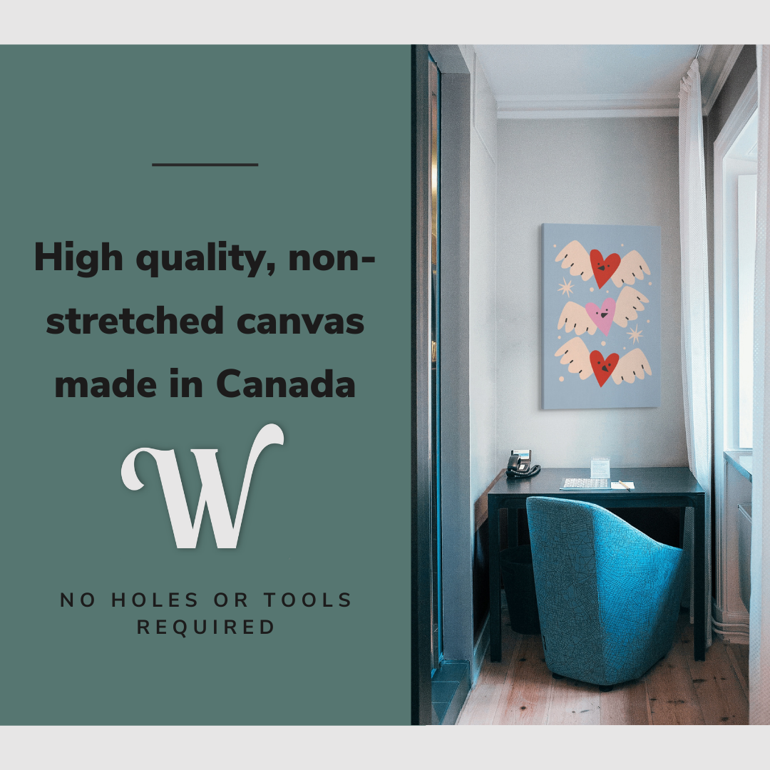 Lifestyle image of the vertical, 20x30 inch easy to hang canvas wall art hung in in an office hung over the desk with graphic saying "High quality, non-stretched canvas made in Canada"