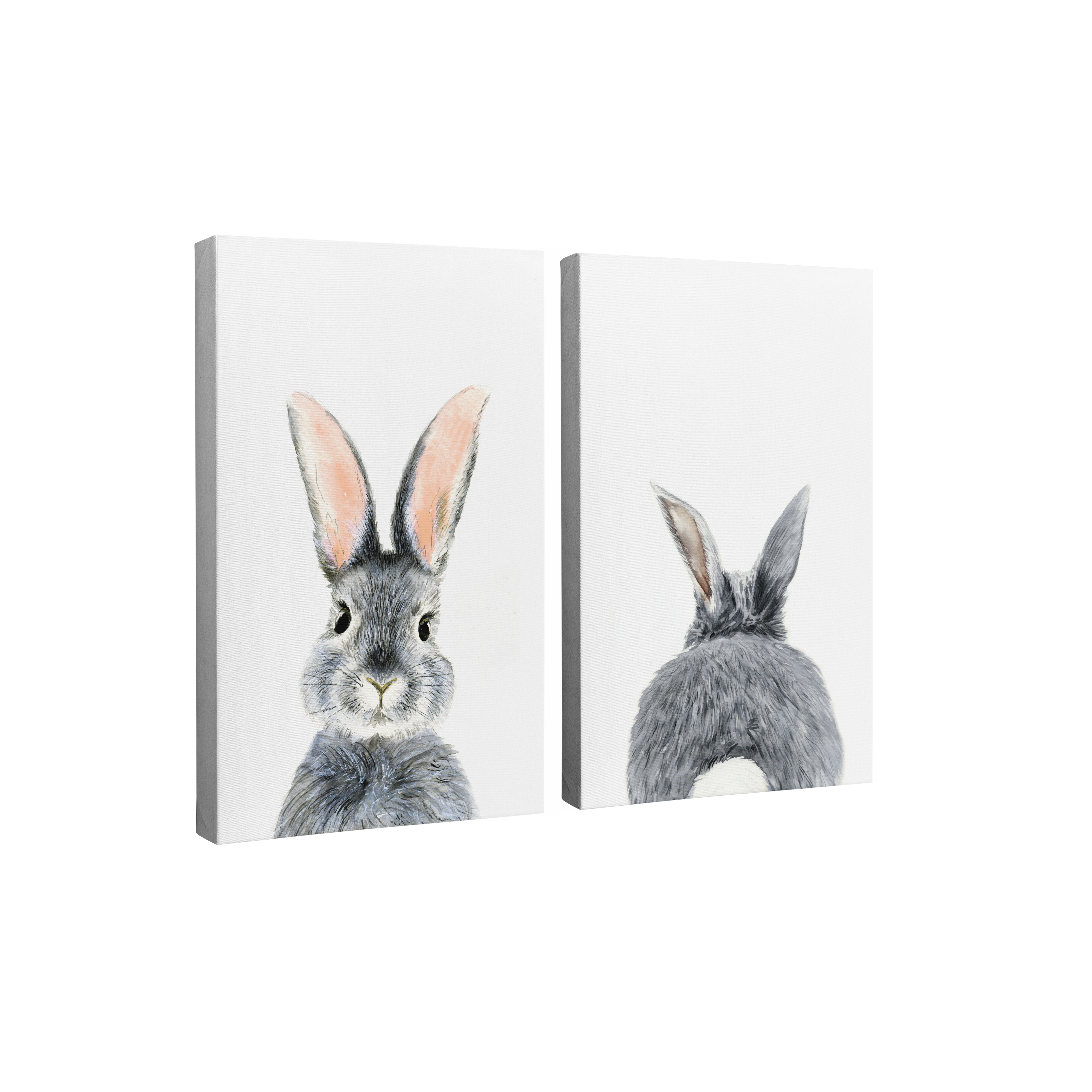 2 Panel, 2:3 vertical easy to hang canvas print on a transparent background featuring an image of minimalist front and back portrait of a grey bunny on a light grey background