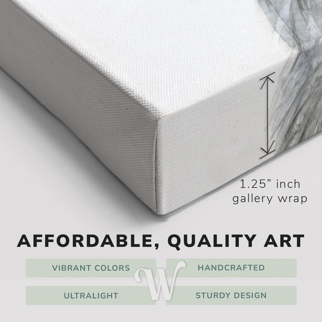 Corner shot of a Whelhung easy to hang canvas print showing the 1.25" inch gallery wrap thickness and graphic saying "Affordable, Quality Art", "Vibrant Colors", "Handcrafted", "Ultralight" and "Sturdy Design."