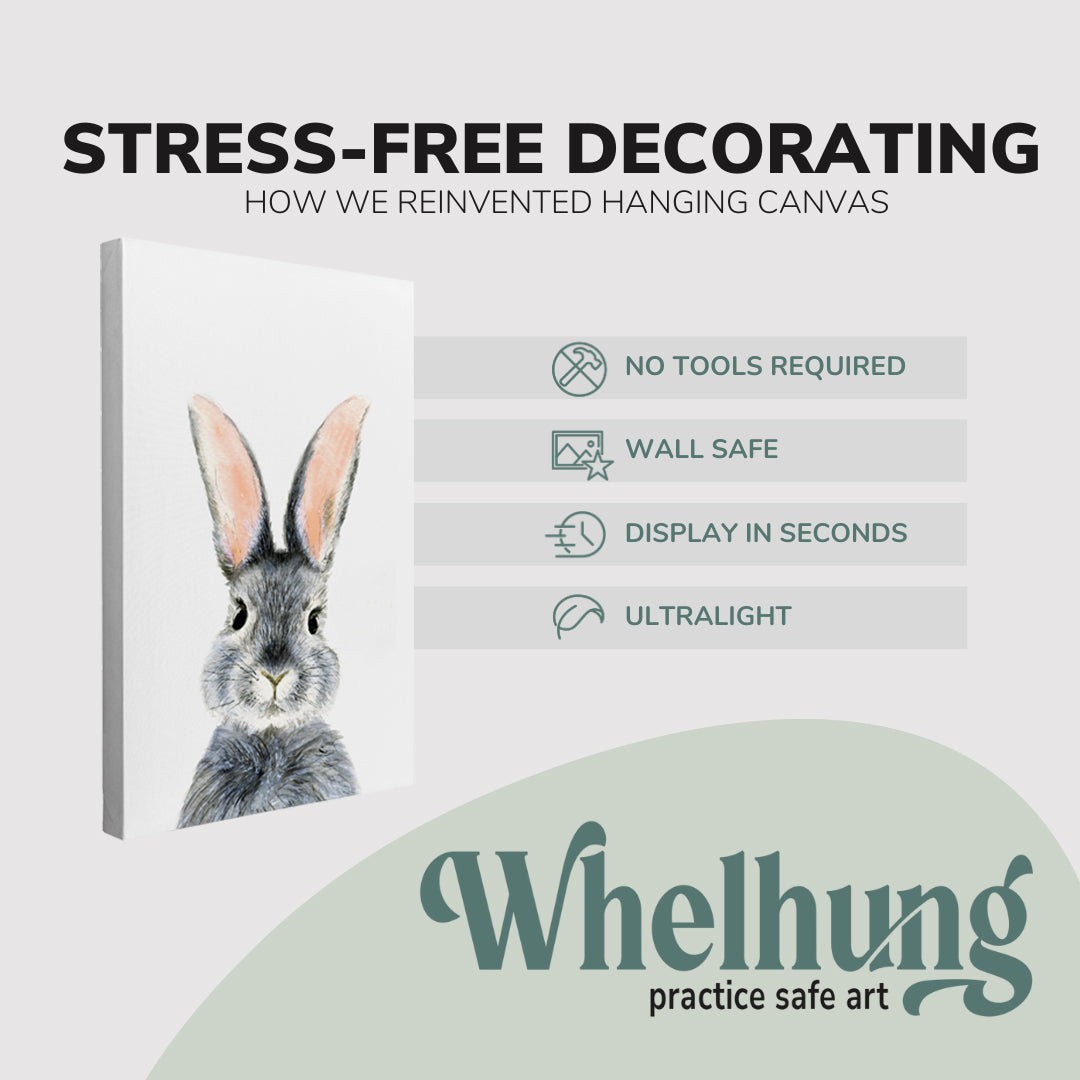 2 Panel, 2:3 vertical easy to hang canvas print on a graphic displaying the stress-free decorating Whelhung offers, how we reinvented hanging canvas: "no tools required", "wall safe"", "display in seconds" and "ultralight."