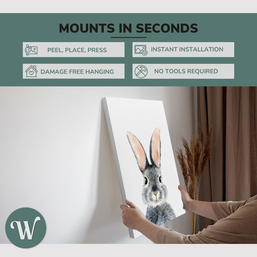 graphic showing hanging one of a 2 Panel 2:3 vertical 30x40 inch easy to hang canvas showing how easy it is to hang. Mounts in seconds, "peel, place, press", "instant installation", "damage free hanging" and "no tools required."