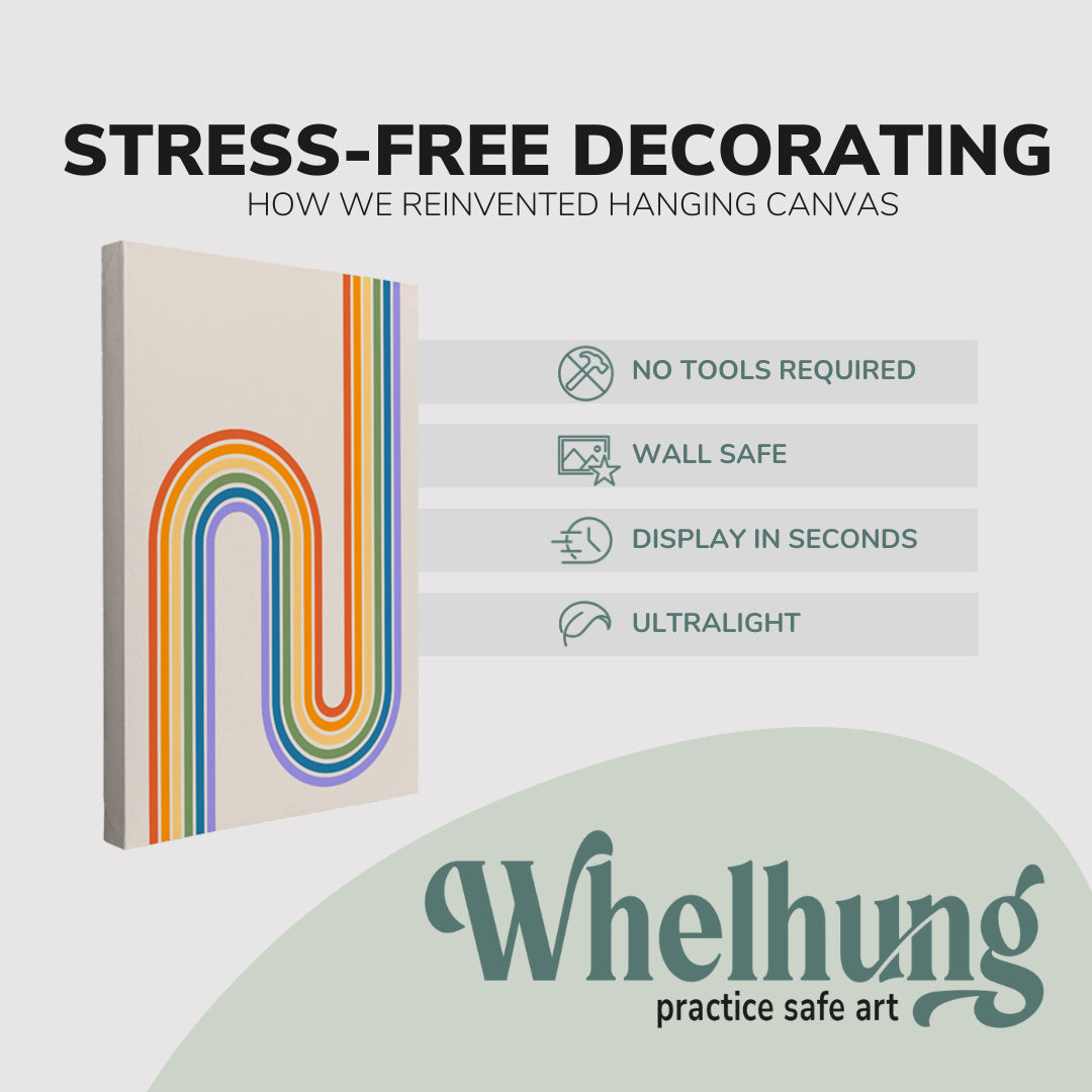 2 Panel, 2:3 vertical easy to hang canvas print on a graphic displaying the stress-free decorating Whelhung offers, how we reinvented hanging canvas: "no tools required", "wall safe"", "display in seconds" and "ultralight."