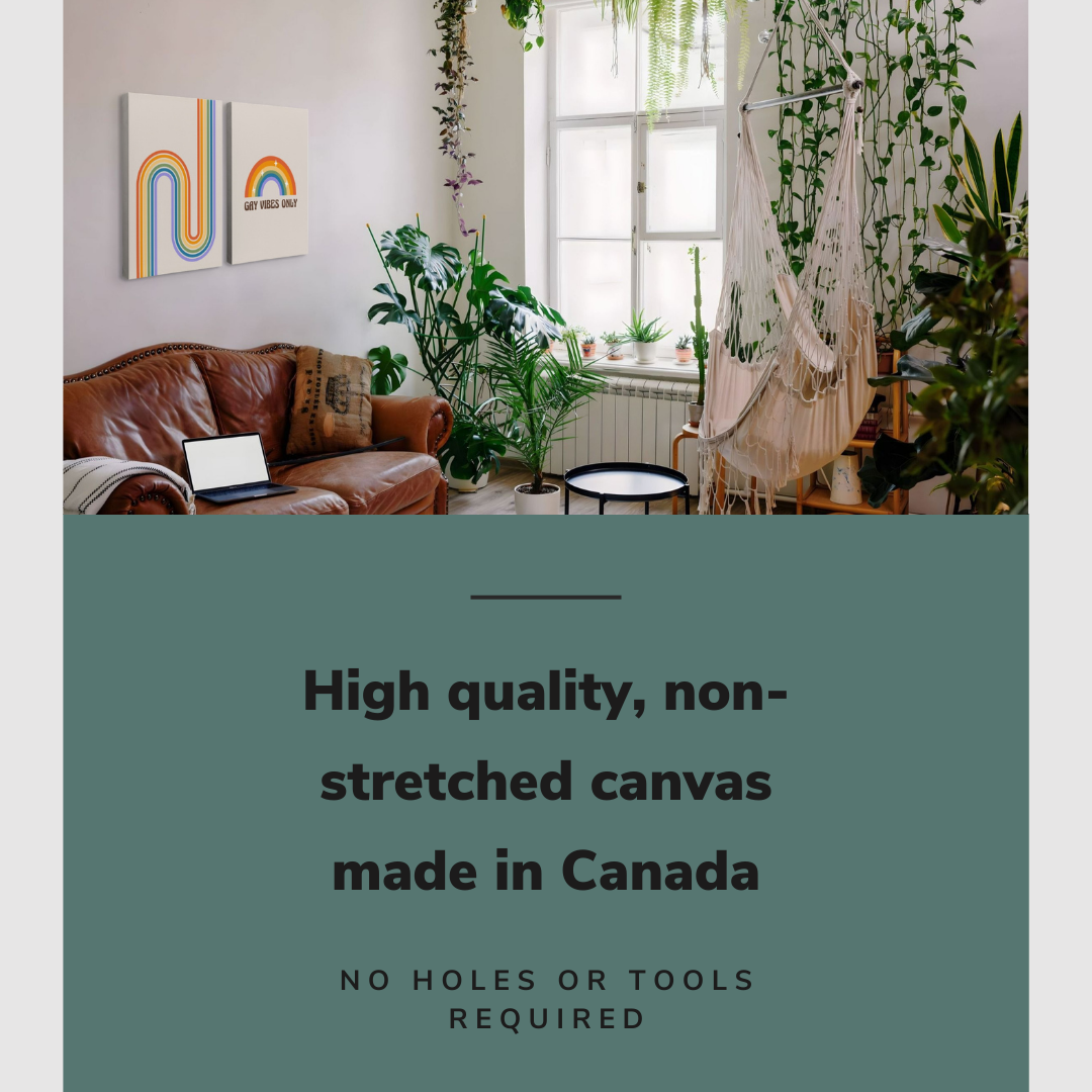 Lifestyle image of the vertical, 30x40 inch easy to hang canvas wall art hung in a maximalist living room with lots of plants hung above a couch with graphic saying "High quality, non-stretched canvas made in Canada"