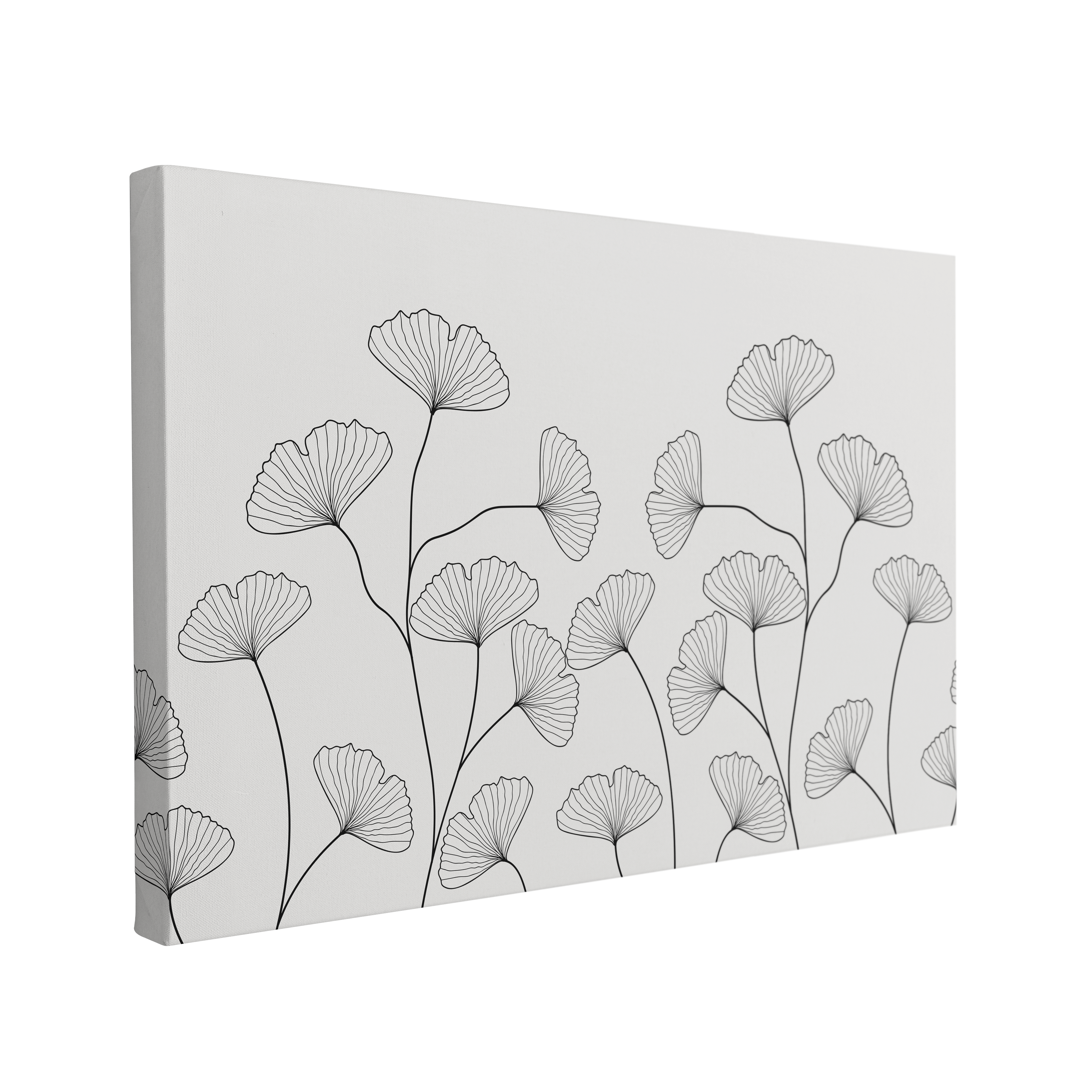 Single, 2:3 horizontal easy to hang canvas print on a transparent background featuring an image of minimalist Ginkgo plant leaves, drawn as line art in black on a light grey background.