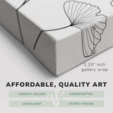 Corner shot of a Whelhung easy to hang canvas print showing the 1.25” inch gallery wrap thickness and graphic saying "Affordable, Quality Art", "Vibrant Colors", "Handcrafted", "Ultralight" and "Sturdy Design."