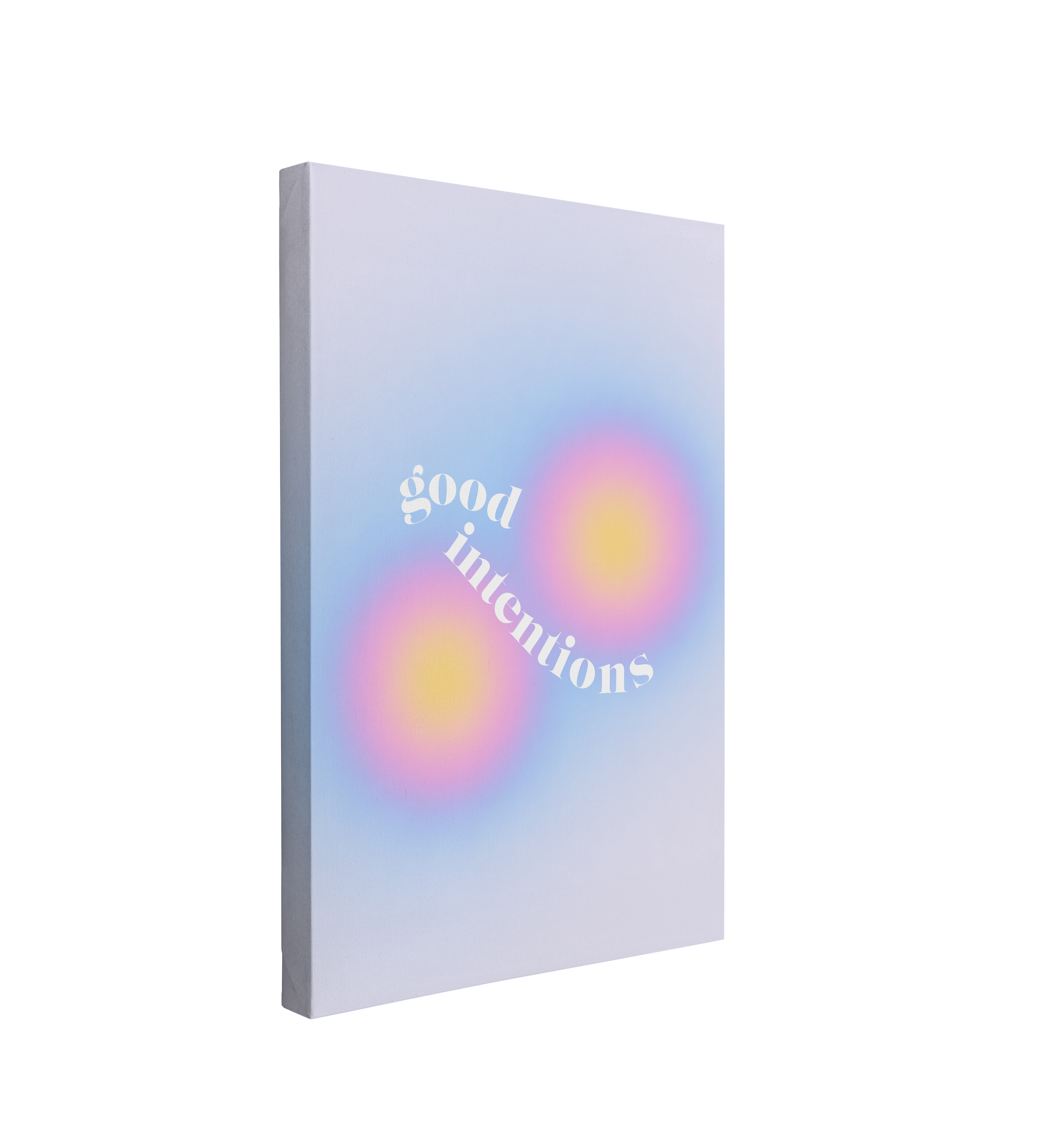 single, 2:3 vertical easy to hang canvas print on a transparent background featuring an image of two small gradient circles that start as yellow and merge into pink, purple then finally blue with words "good intentions" written in white between them