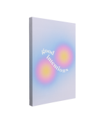 single, 2:3 vertical easy to hang canvas print on a transparent background featuring an image of two small gradient circles that start as yellow and merge into pink, purple then finally blue with words "good intentions" written in white between them