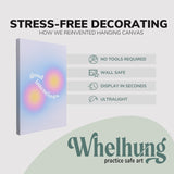 single, 2:3 vertical easy to hang canvas print on a graphic displaying the stress-free decorating Whelhung offers, how we reinvented hanging canvas: "no tools required", "wall safe"", "display in seconds" and "ultralight."