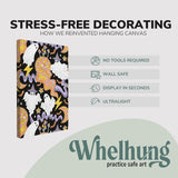 Single, 2:3 vertical easy to hang canvas print on a graphic displaying the stress-free decorating Whelhung offers, how we reinvented hanging canvas: "no tools required", "wall safe", "display in seconds" and "ultralight."