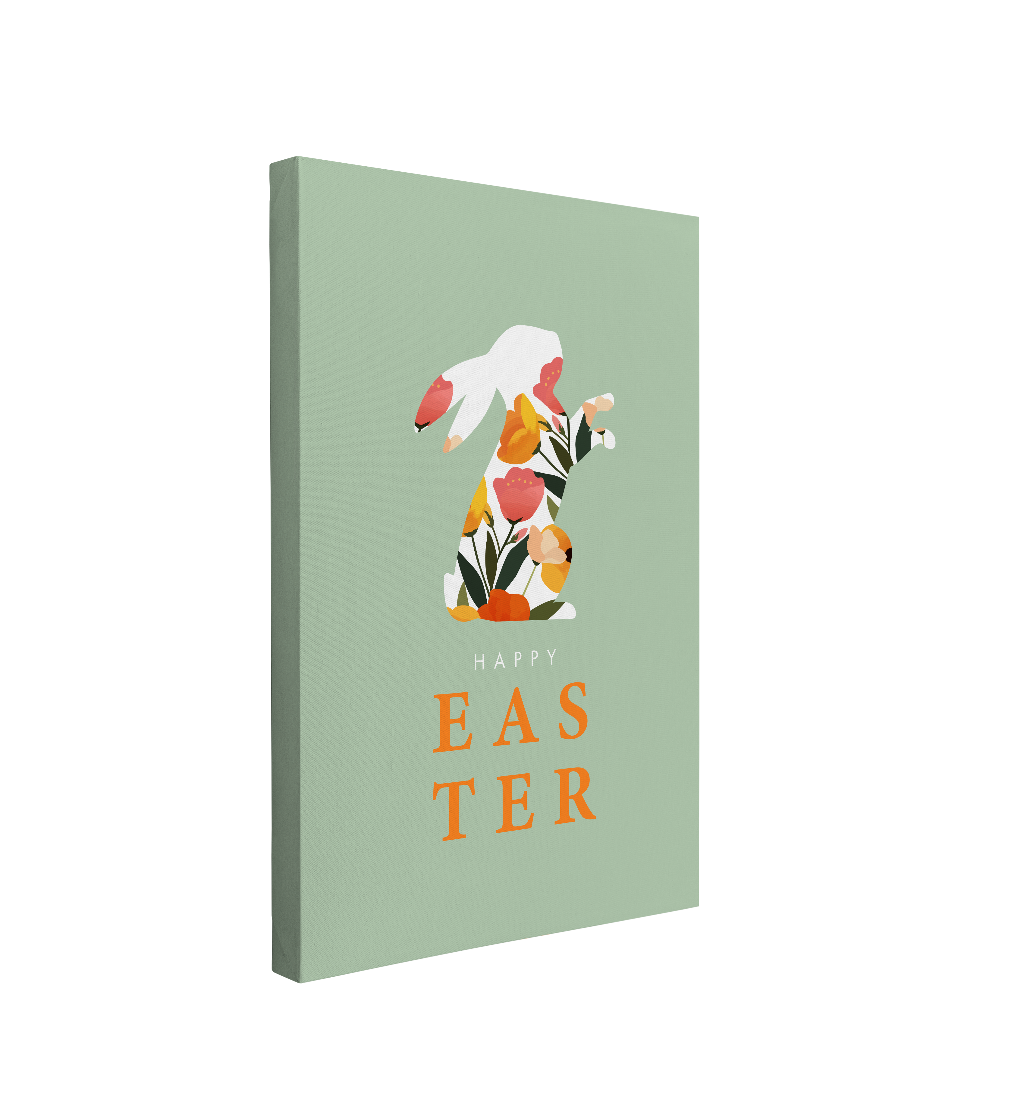 single, 2:3 vertical easy to hang canvas print on a transparent background featuring an image of graphic of a rabbit with floral tulips inside on a minimalist mint green background with yellow font saying "Happy Easter"