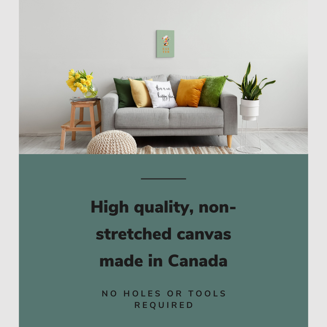 Lifestyle image of the vertical, 12x18 inch easy to hang canvas wall art hung in in a spring themed living room with green and yellow pillows hung over a sofa  with graphic saying "High quality, non-stretched canvas made in Canada"