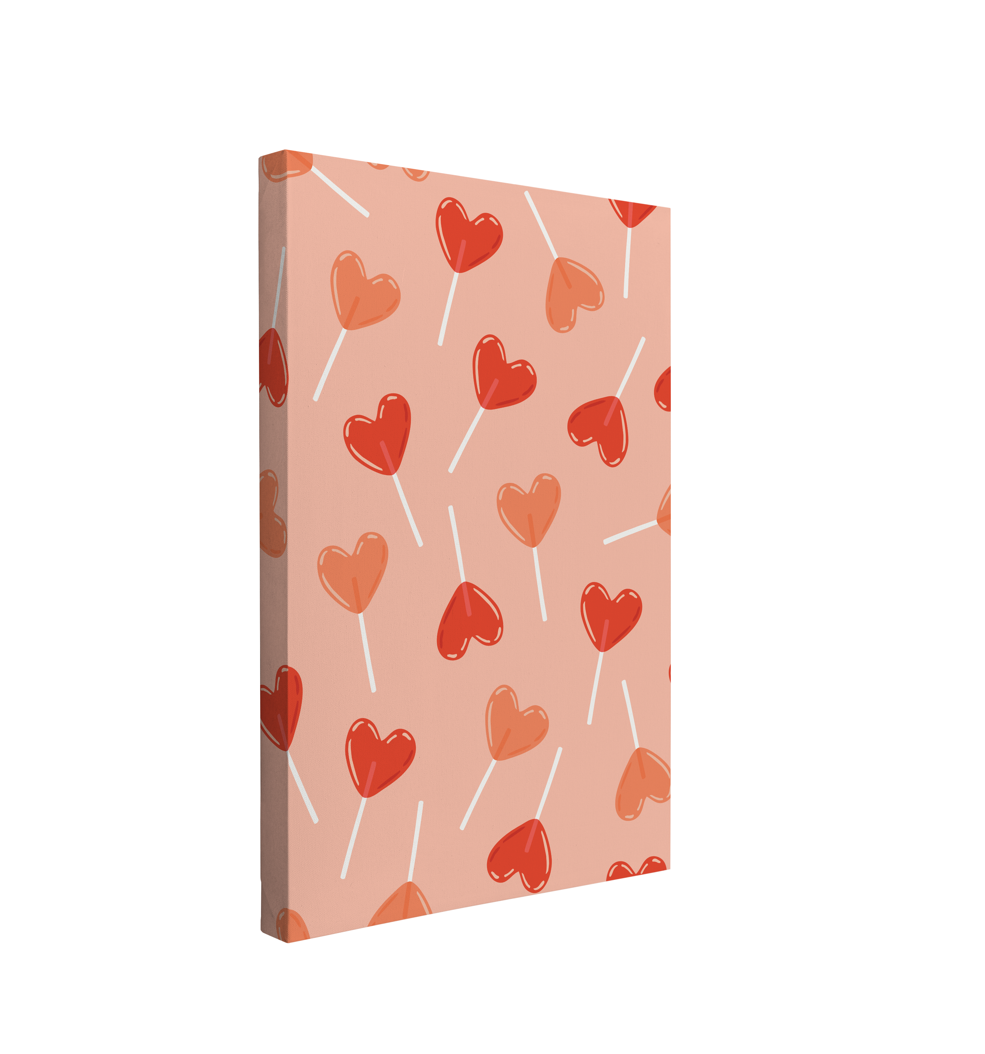 single, 2:3 vertical easy to hang canvas print on a transparent background featuring an image of pink and red graphics of heart shaped lollipops on a pink background