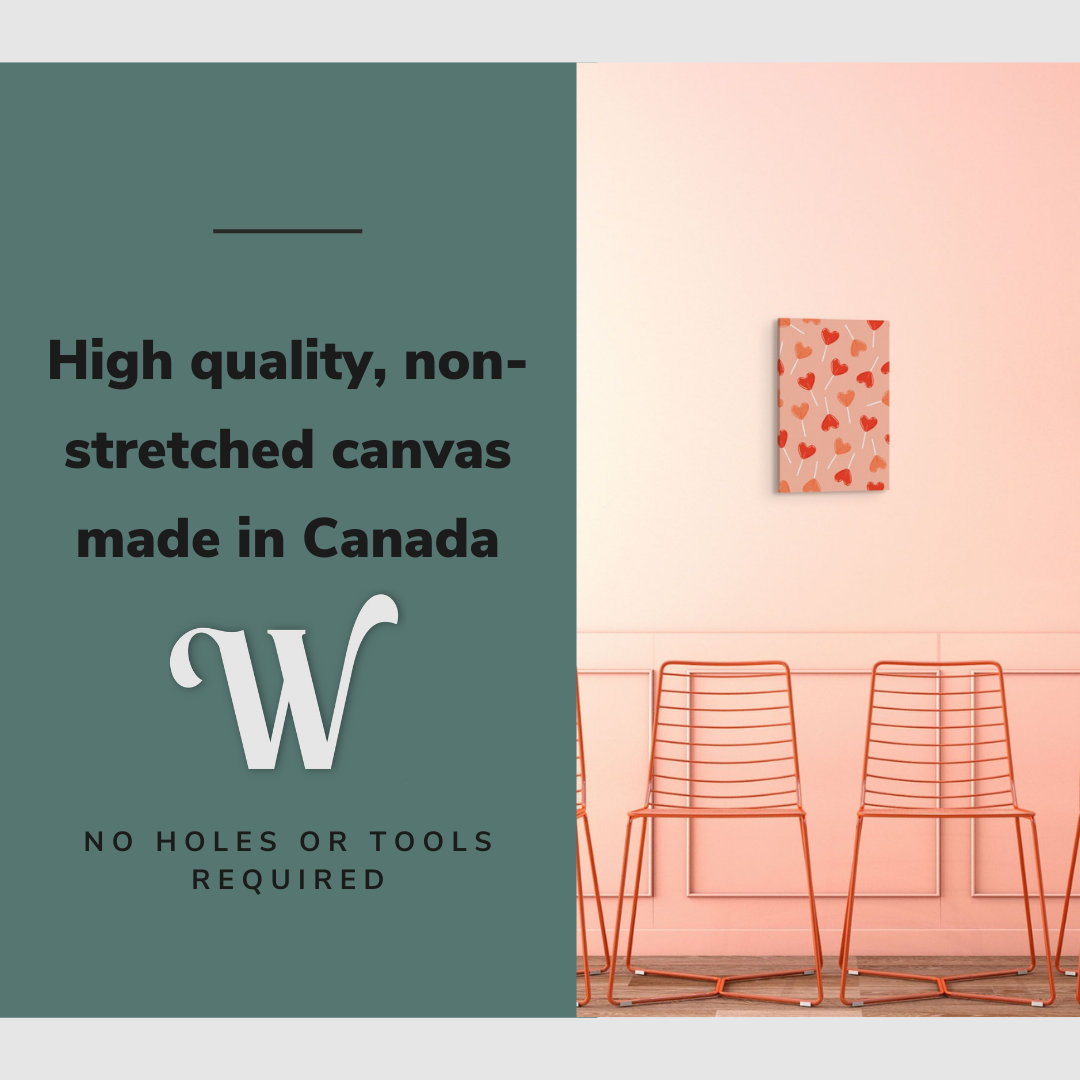 Lifestyle image of the vertical, 12x18 inch easy to hang canvas wall art hung in in a sitting room above pink chairs with graphic saying "High quality, non-stretched canvas made in Canada"