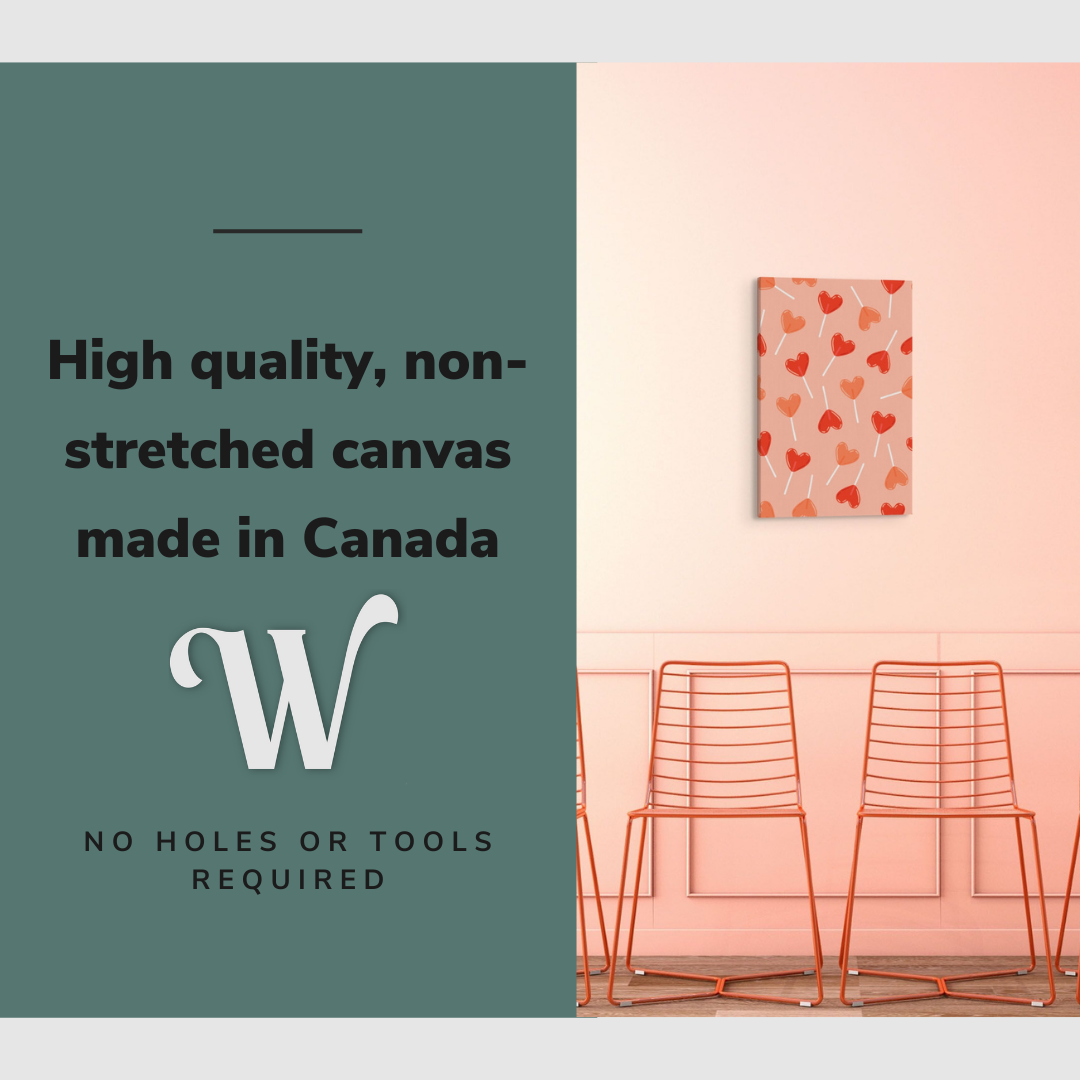 Lifestyle image of the vertical, 16x24 inch easy to hang canvas wall art hung in in a sitting room above pink chairs with graphic saying "High quality, non-stretched canvas made in Canada"