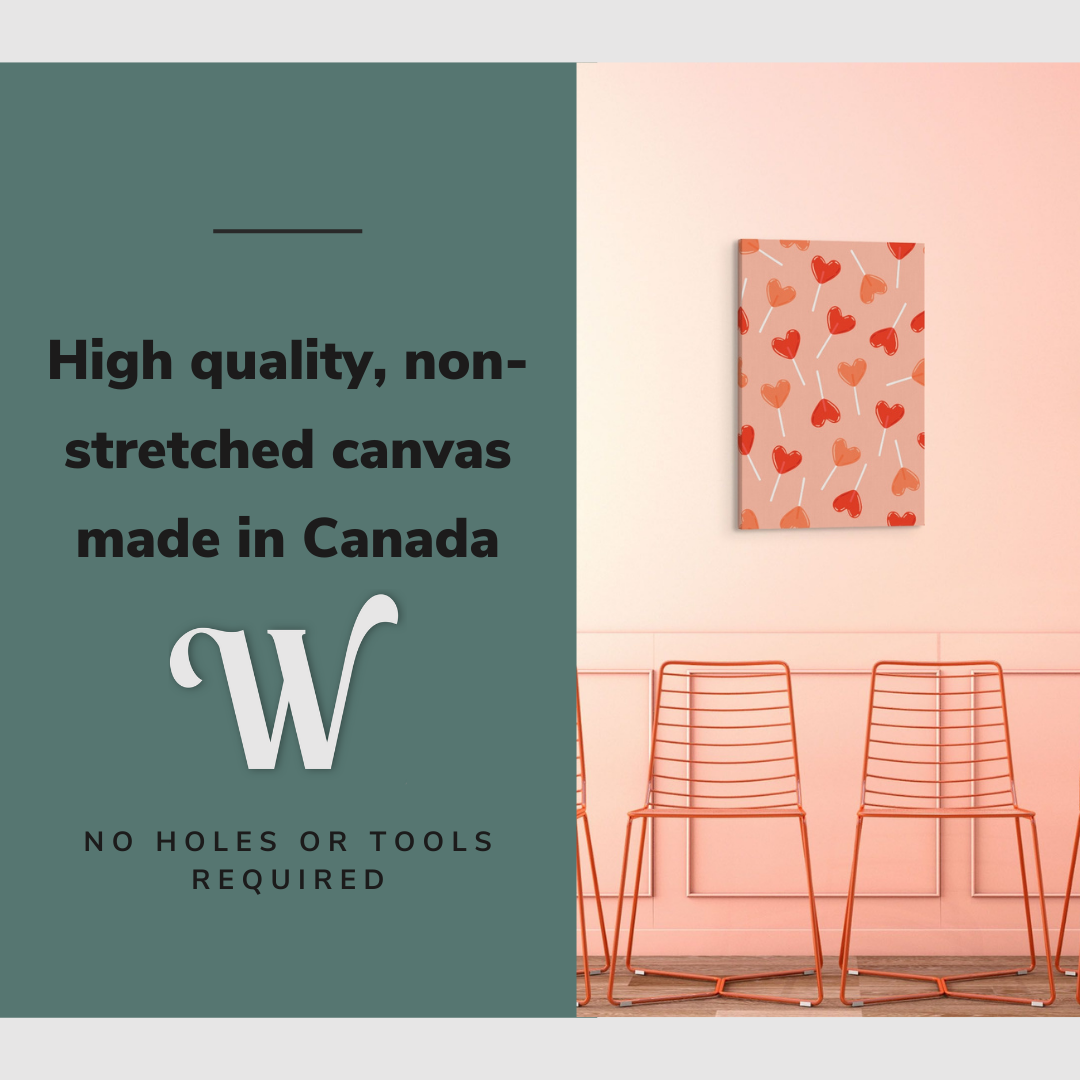 Lifestyle image of the vertical, 20x30 inch easy to hang canvas wall art hung in in a sitting room above pink chairs with graphic saying "High quality, non-stretched canvas made in Canada"