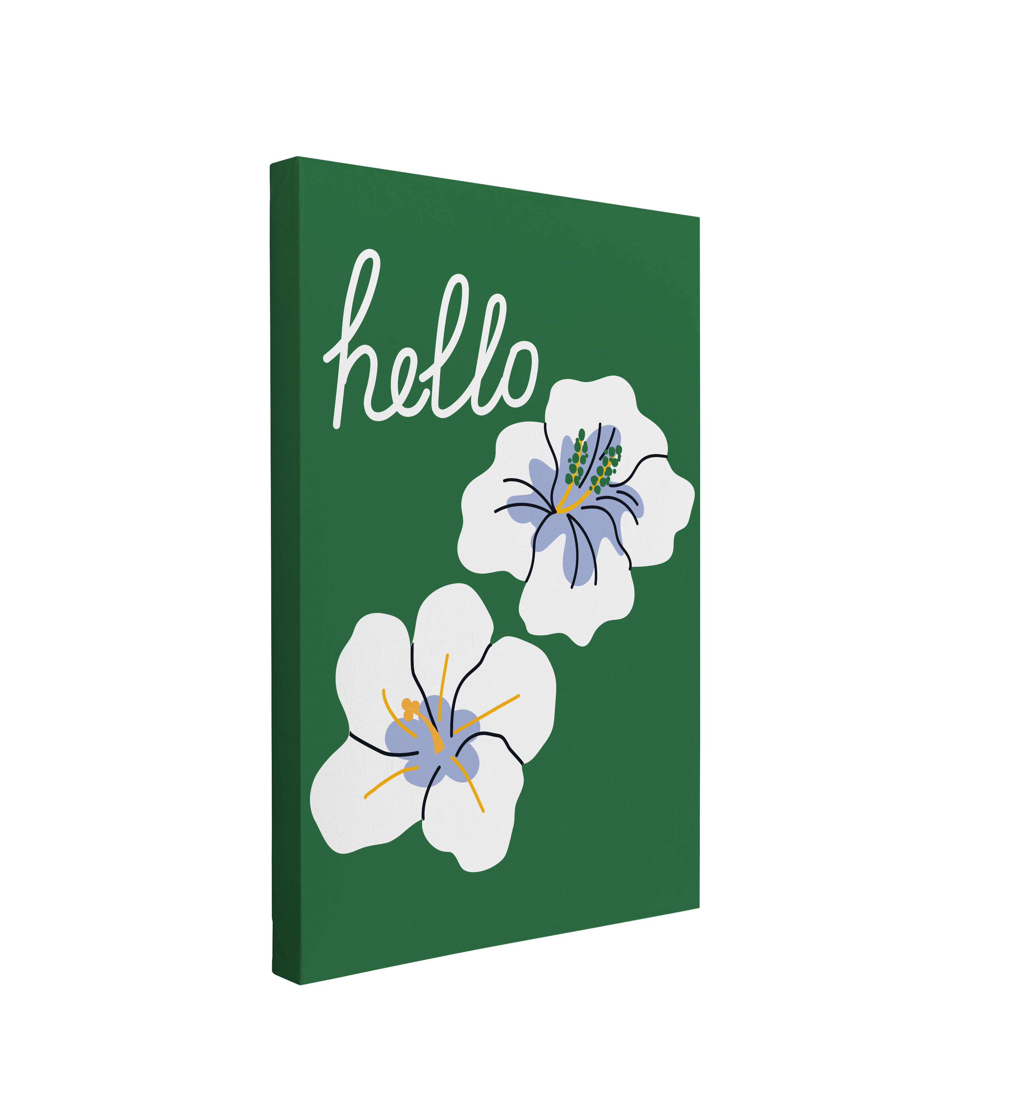 Single, 2:3 vertical easy to hang canvas prints on a transparent background featuring an image of two minimalist Hawaiian Hibiscus white and blue flowers on a forest green background with white cursive font, "hello"