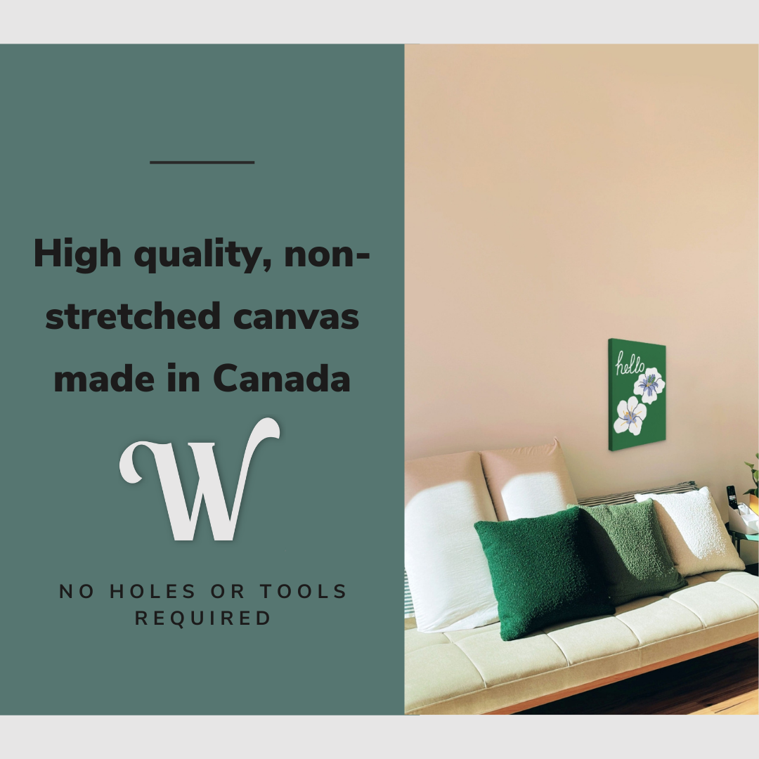 Lifestyle image of the vertical 12x18" inch easy to hang canvas wall art hung in a living room above a couch with graphic saying "High quality, non-stretched canvas made in Canada"