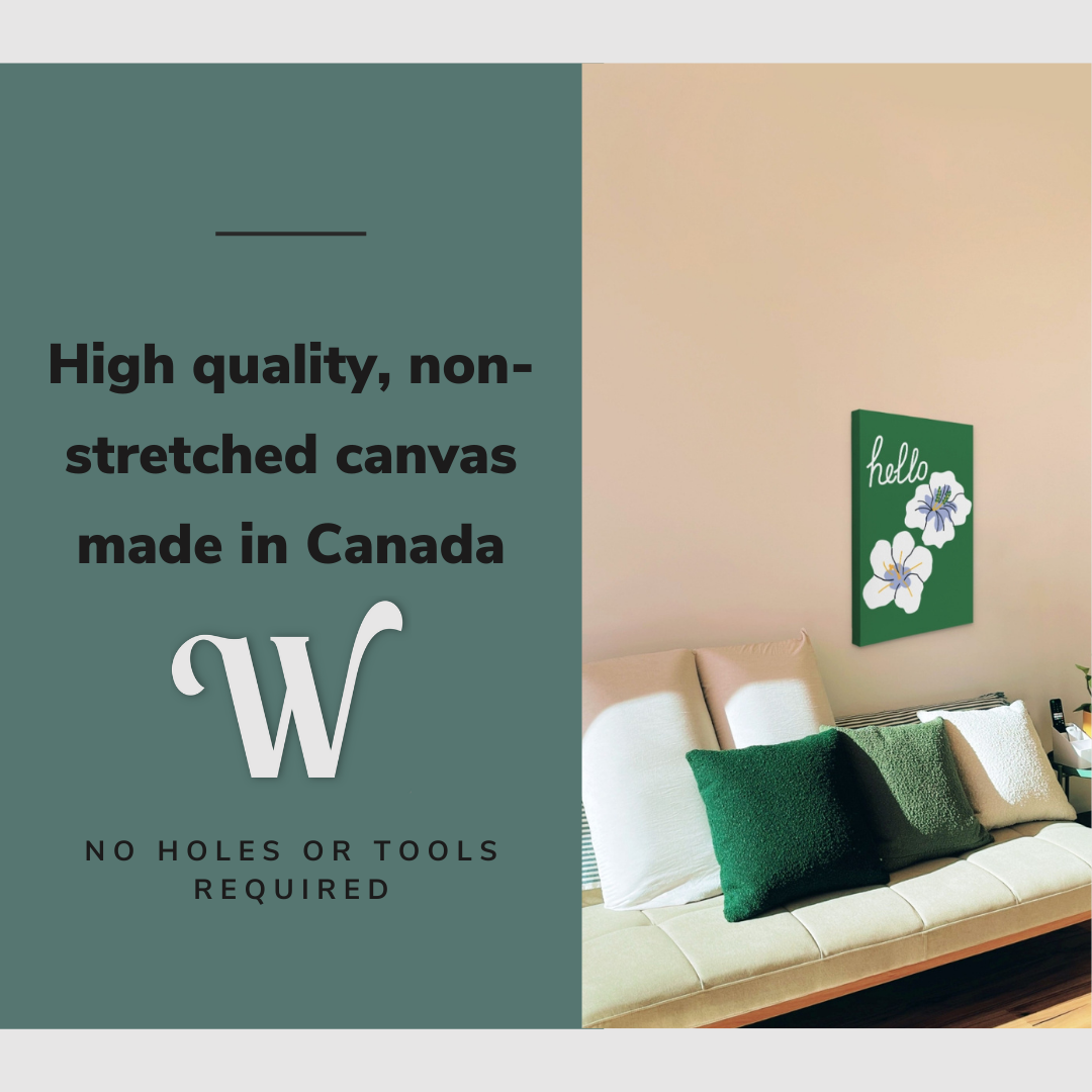 Lifestyle image of the vertical 20x30" inch easy to hang canvas wall art hung in a living room above a couch with graphic saying "High quality, non-stretched canvas made in Canada"