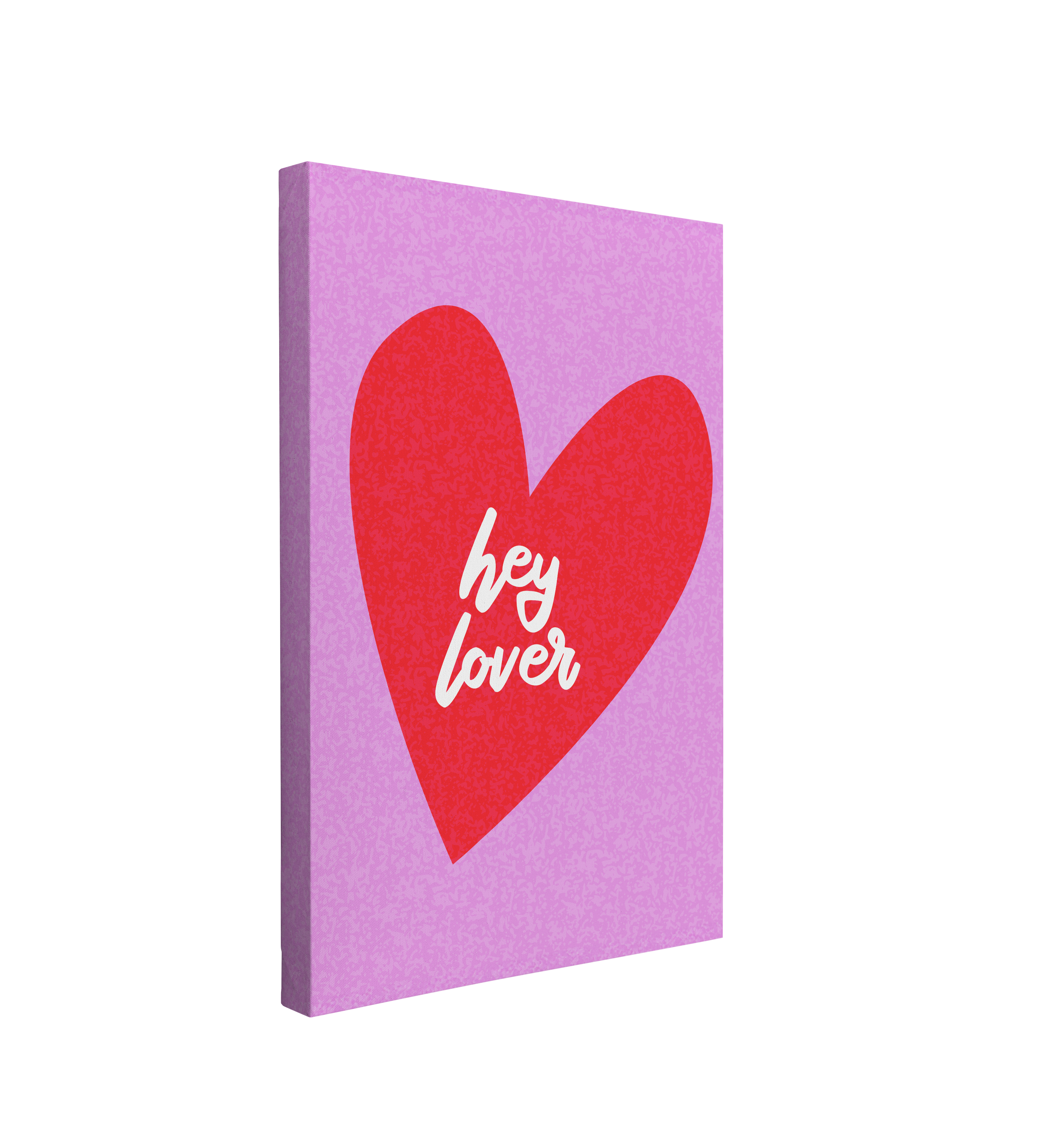 single, 2:3 vertical easy to hang canvas print on a transparent background featuring an image of a red heart with beige font inside saying "Hey Lover" on a purple background