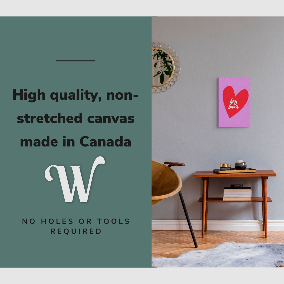 Lifestyle image of the vertical, 12x18 inch easy to hang canvas wall art hung in in a living room above an accent chair and side table beside a mirror with graphic saying "High quality, non-stretched canvas made in Canada"