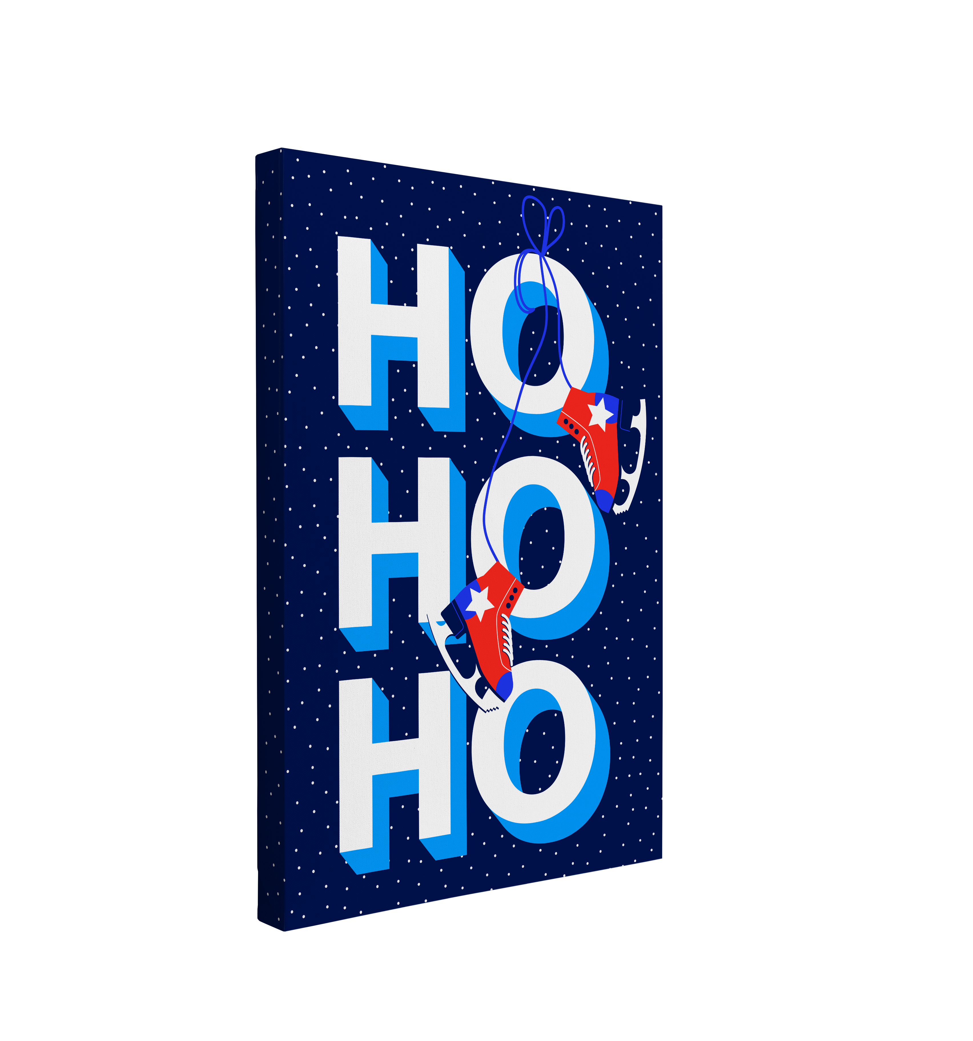 single, 2:3 vertical easy to hang canvas print on a transparent background featuring an image of "Ho Ho Ho" written in bold white font against a dark blue sky with snow in the background and red skates hanging off the font