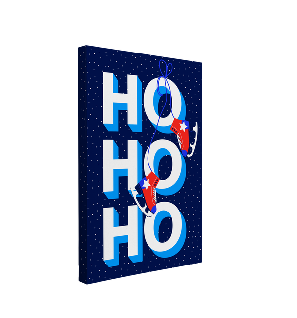 single, 2:3 vertical easy to hang canvas print on a transparent background featuring an image of "Ho Ho Ho" written in bold white font against a dark blue sky with snow in the background and red skates hanging off the font