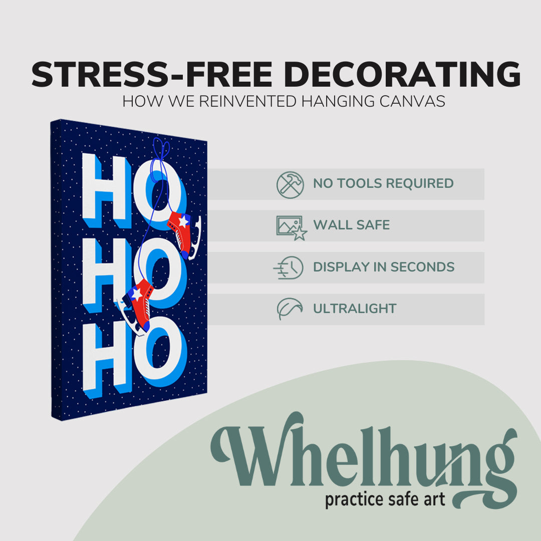 single, 2:3 vertical easy to hang canvas print on a graphic displaying the stress-free decorating Whelhung offers, how we reinvented hanging canvas: "no tools required", "wall safe"", "display in seconds" and "ultralight."