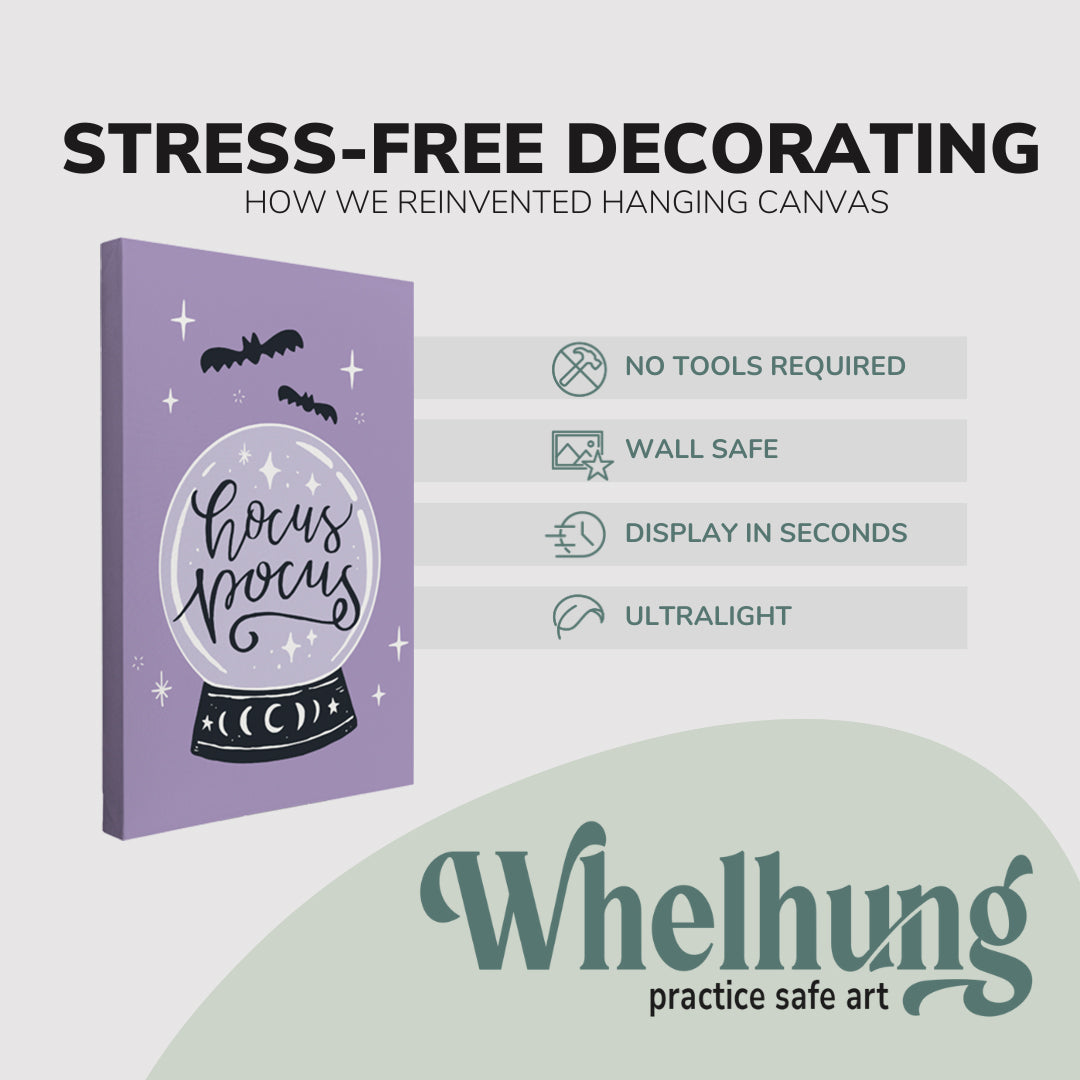 Single, 2:3 vertical easy to hang canvas print on a graphic displaying the stress-free decorating Whelhung offers, how we reinvented hanging canvas: "no tools required", "wall safe", "display in seconds" and "ultralight."