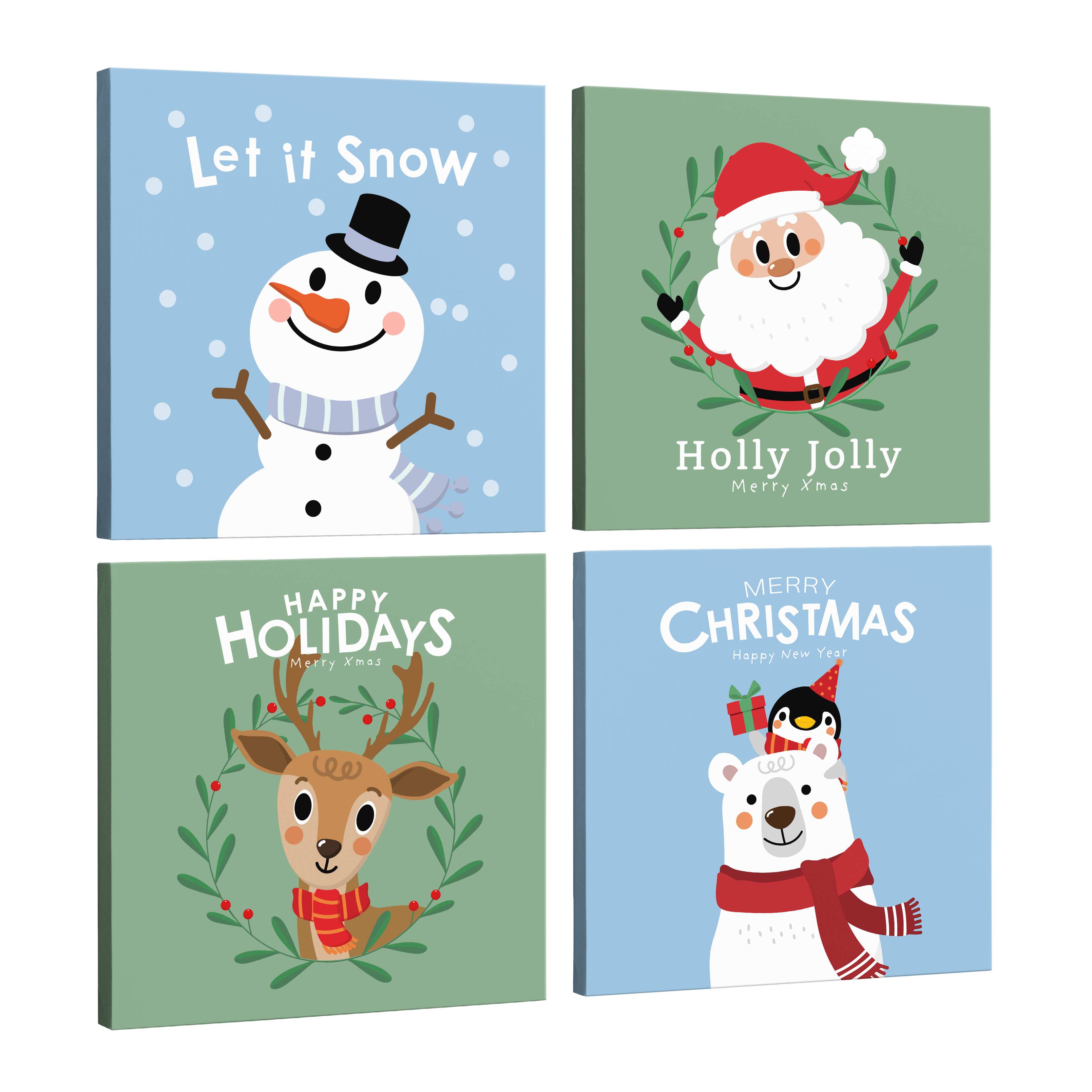 4 Panel, 1:1 square easy to hang canvas print on a transparent background featuring an image of four different cartoon christmas inspired creatures, a snow man, santa claus, a reindeer and a penguin riding a polar bear on light blue or green backgrounds with "merry xmas" "happy holidays" or "let it snow" written in white font