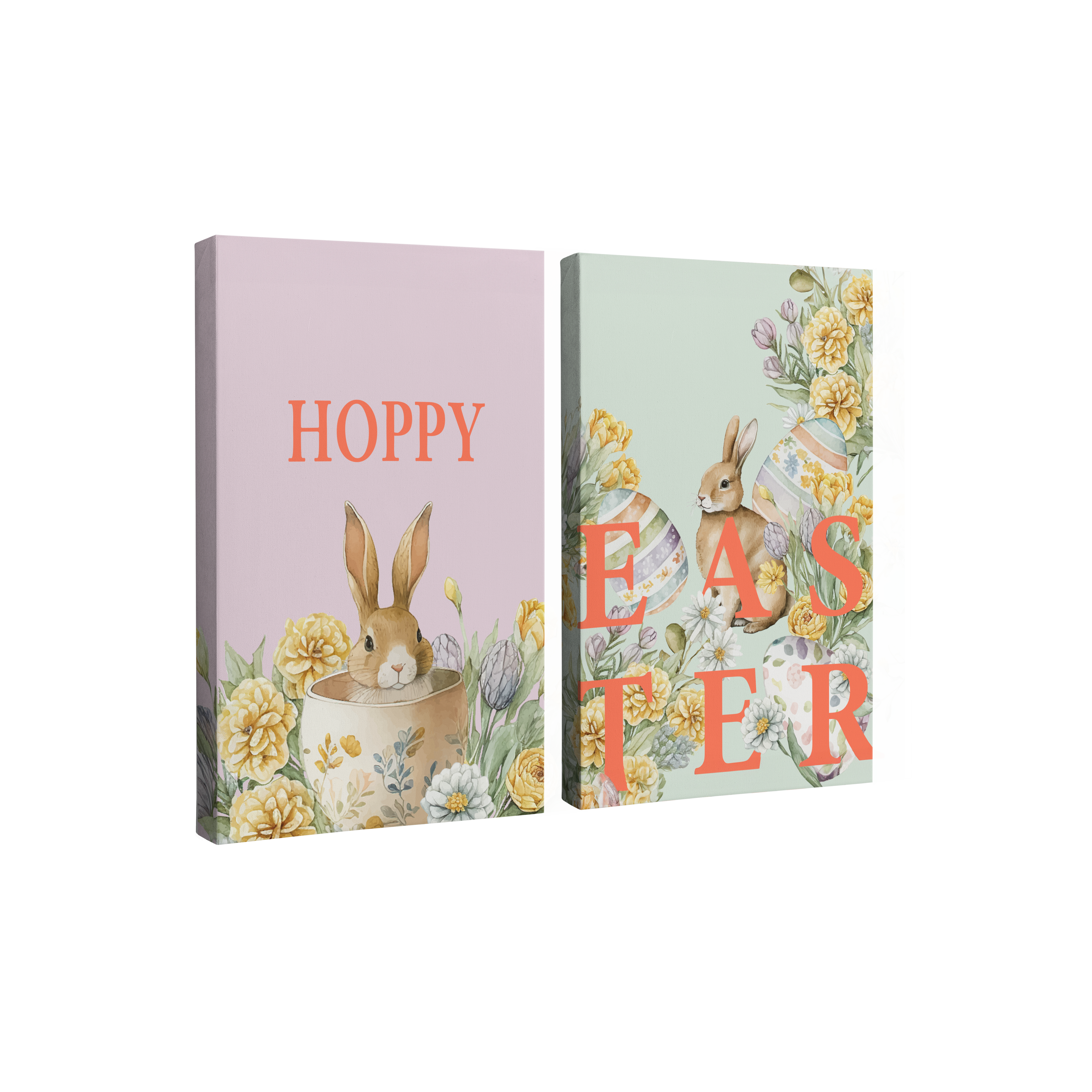 2 Panel, 2:3 vertical easy to hang canvas print on a transparent background featuring an image of watercolor drawing on a brown bunny in a teacup surrounded by yellow flowers on a lavender and a mint background with words "Hoppy" on one panel and "Easter" on the other