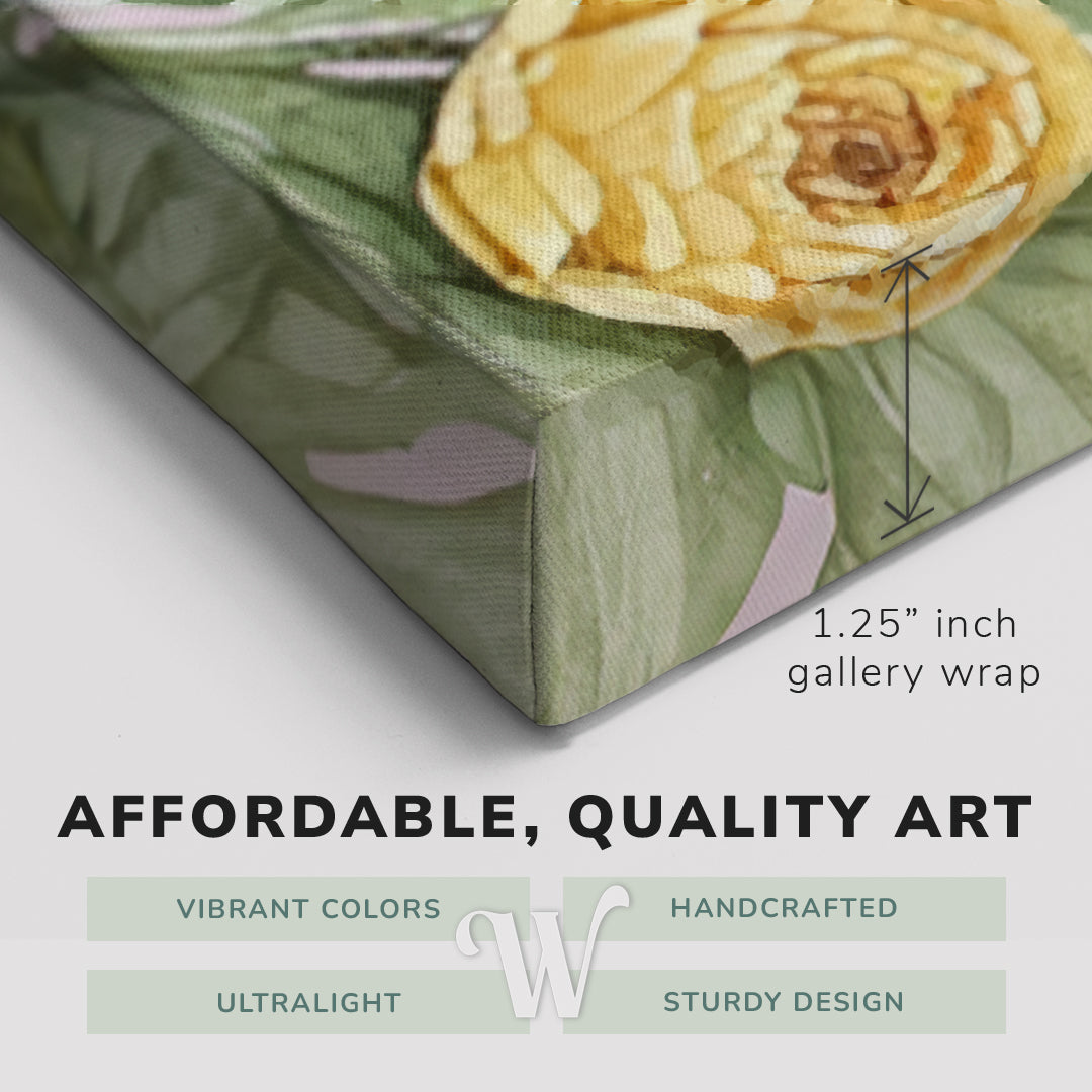 Corner shot of a Whelhung easy to hang canvas print showing the 1.25" inch gallery wrap thickness and graphic saying "Affordable, Quality Art", "Vibrant Colors", "Handcrafted", "Ultralight" and "Sturdy Design."