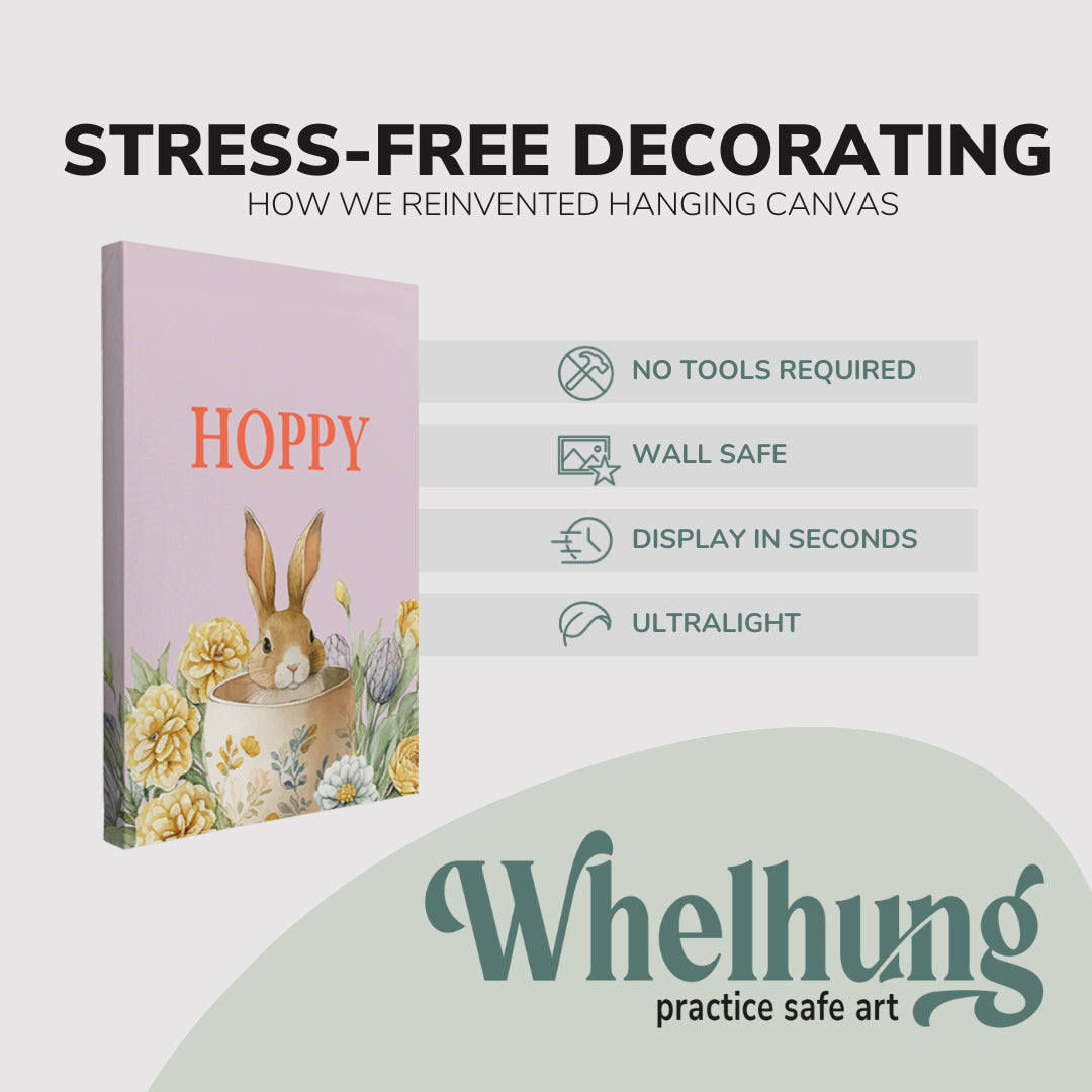 2 Panel, 2:3 vertical easy to hang canvas print on a graphic displaying the stress-free decorating Whelhung offers, how we reinvented hanging canvas: "no tools required", "wall safe"", "display in seconds" and "ultralight."