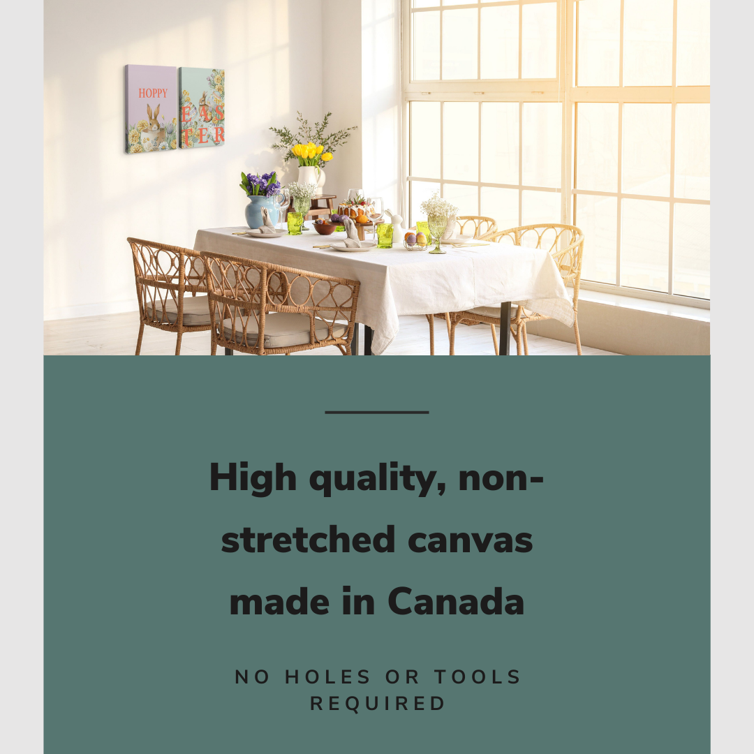 Lifestyle image of the vertical, 18x24 inch easy to hang canvas wall art hung in a minimalist white dining room decorated for easter with yellow tulips above the dining room table with graphic saying "High quality, non-stretched canvas made in Canada"