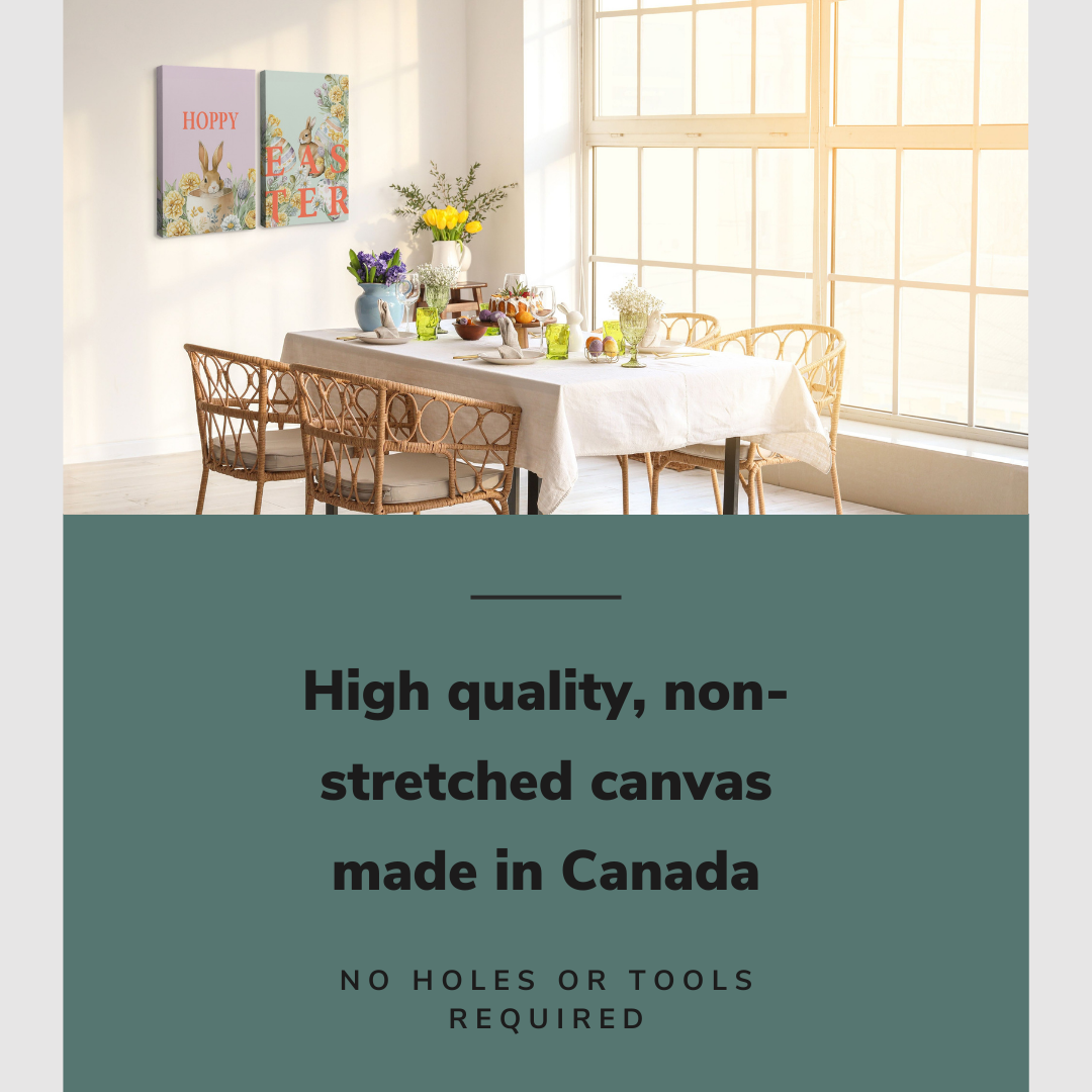 Lifestyle image of the vertical, 24x32 inch easy to hang canvas wall art hung in a minimalist white dining room decorated for easter with yellow tulips above the dining room table with graphic saying "High quality, non-stretched canvas made in Canada"