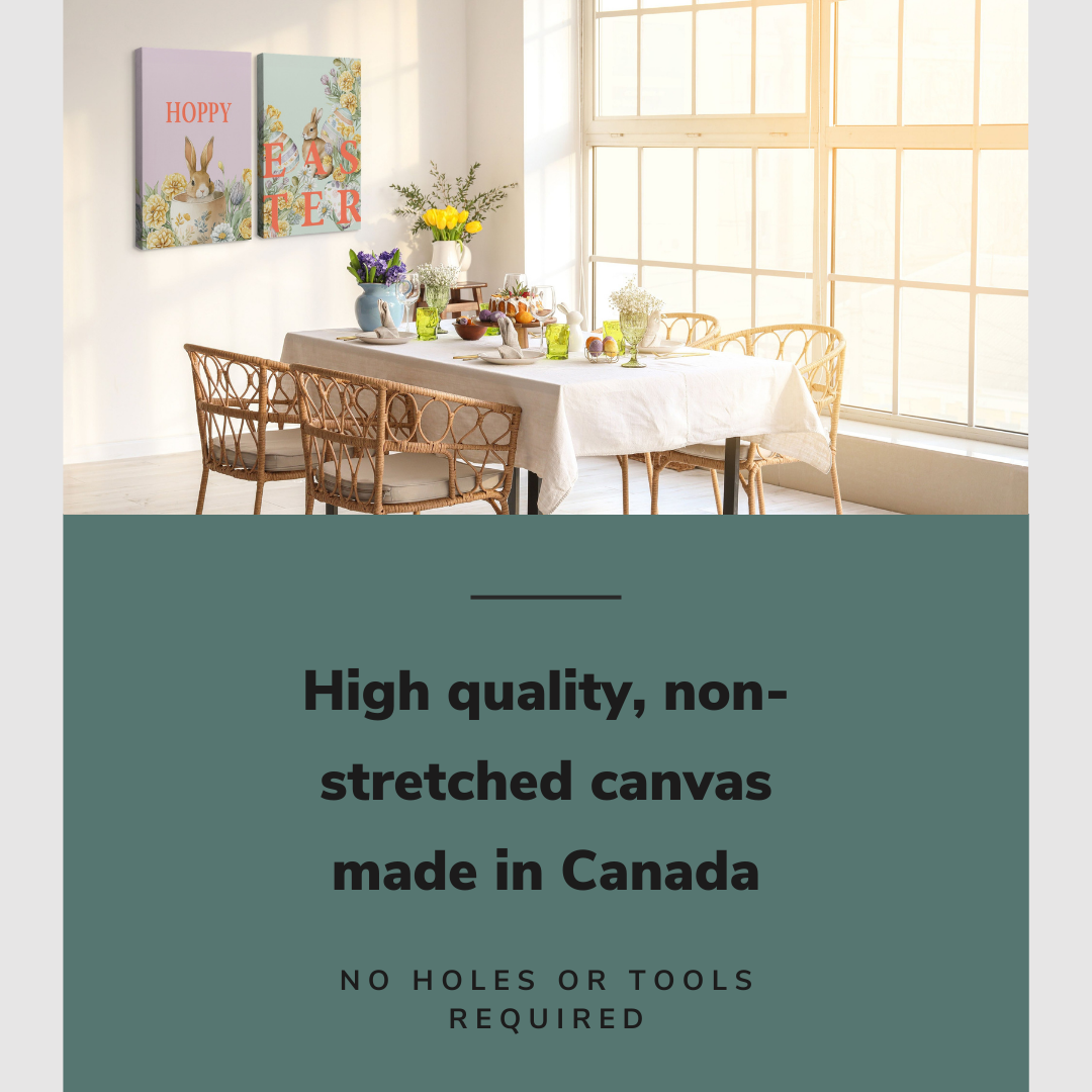 Lifestyle image of the vertical, 30x40 inch easy to hang canvas wall art hung in a minimalist white dining room decorated for easter with yellow tulips above the dining room table with graphic saying "High quality, non-stretched canvas made in Canada"